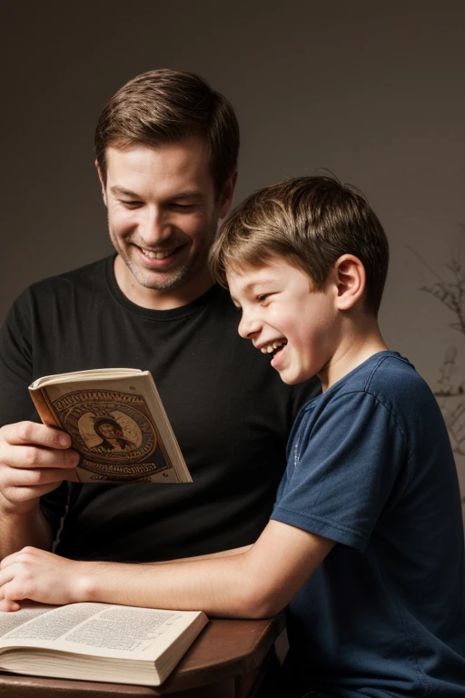Dad and 12yo boy reading book, Laughing face, intricate, (masterpiece, Representative work, official art, Professional, unity 8k wallpaper:1.3)