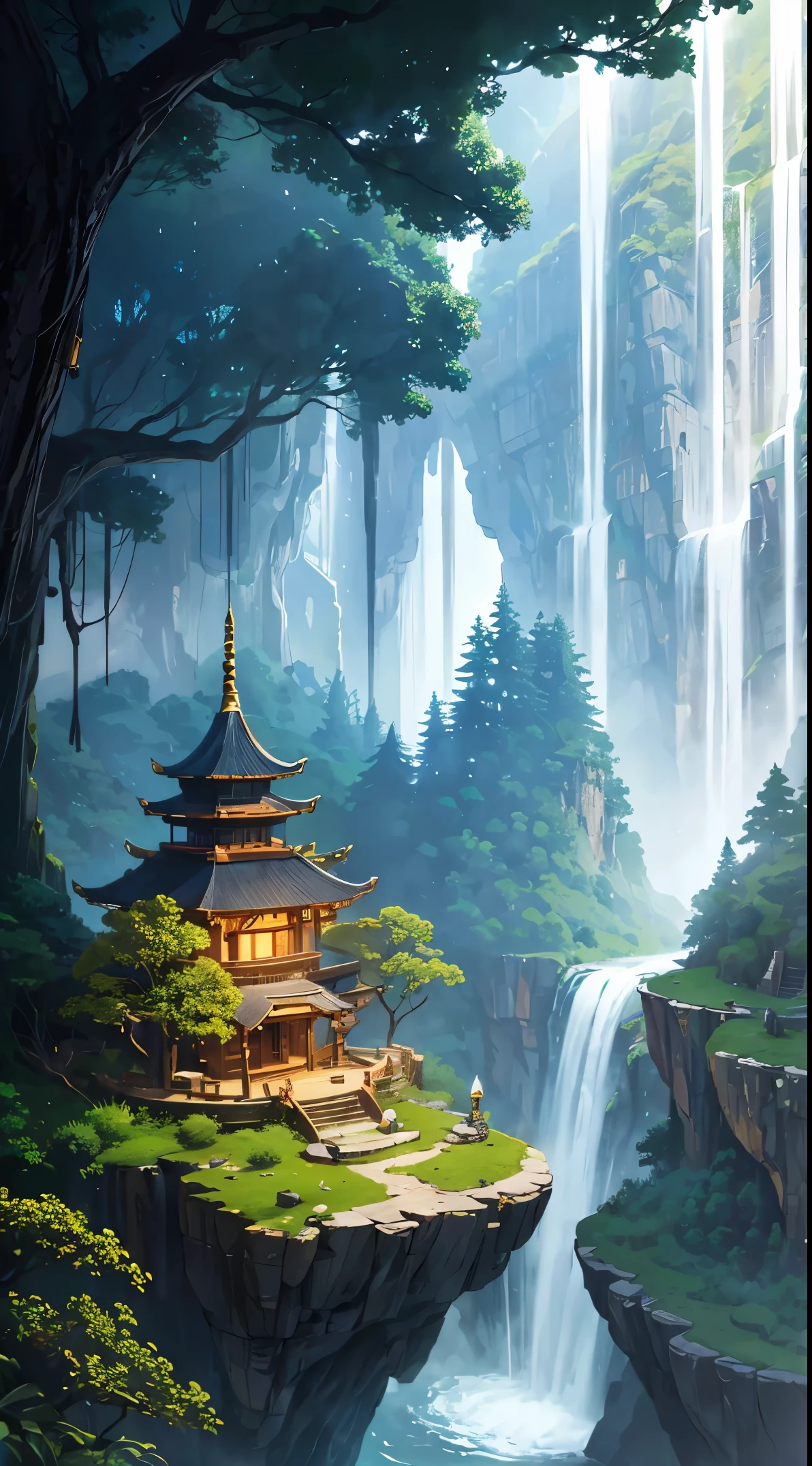 rock bridge, tree trunk bridge, stone bridge Oil painting, palette knife, matte painting, backlighting, intricate details, misty, mysterious, foreboding,magic portal, temple fused with the forest, rocky mountain, waterfall going down the mountain, cabin cast into the mountain rocks, magic rocky temple, temple in the rocky mountain, waterfall of many waters, waterfall coming out of the mountain temple, magic forest, fantasy forest, magic river, magic pond, mysterious fog,viking hut, beautiful jungle tree house, cinematic, high-res, vibrant, detailed foliage, sunlight streaming through leaves, tropical paradise, lush greenery, wooden architecture, cozy and inviting, birds chirping, hidden oasis, exotic birds, hanging vines, natural harmony, dreamy atmosphere, elevated view, peaceful retreat, adventurous spirit, luxurious retreat, breathtaking scenery, tranquil escape, vibrant colors, immersive experience, magical ambiance, enchanting hideaway, explorers' paradise, paradise found, tropical haven, paradise on earth, captivating beauty, serene sanctuary, nature's masterpiece.