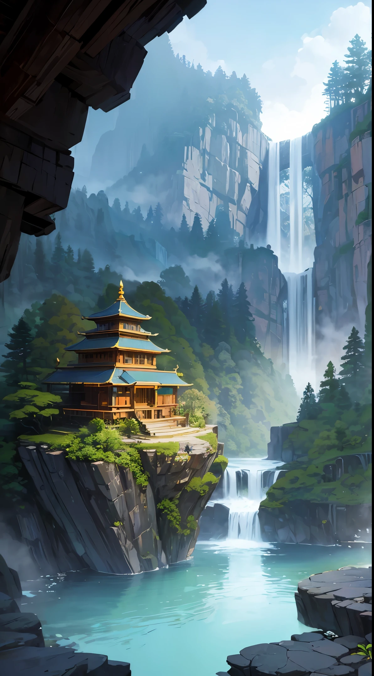 rock bridge, tree trunk bridge, stone bridge Oil painting, palette knife, matte painting, backlighting, intricate details, misty, mysterious, foreboding,magic portal, temple fused with the forest,  rocky mountain, waterfall going down the mountain, cabin cast into the mountain rocks, magic rocky temple, temple in the rocky mountain, waterfall of many waters, waterfall coming out of the mountain temple, magic forest, fantasy forest, magic river, magic pond, mysterious fog,viking hut, beautiful jungle tree house, cinematic, high-res, vibrant, detailed foliage, sunlight streaming through leaves, tropical paradise, lush greenery, wooden architecture, cozy and inviting, birds chirping, hidden oasis, exotic birds, hanging vines, natural harmony, dreamy atmosphere, elevated view, peaceful retreat, adventurous spirit, luxurious retreat, breathtaking scenery, tranquil escape, vibrant colors, immersive experience, magical ambiance, enchanting hideaway, explorers' paradise, paradise found, tropical haven, paradise on earth, captivating beauty, serene sanctuary, nature's masterpiece.