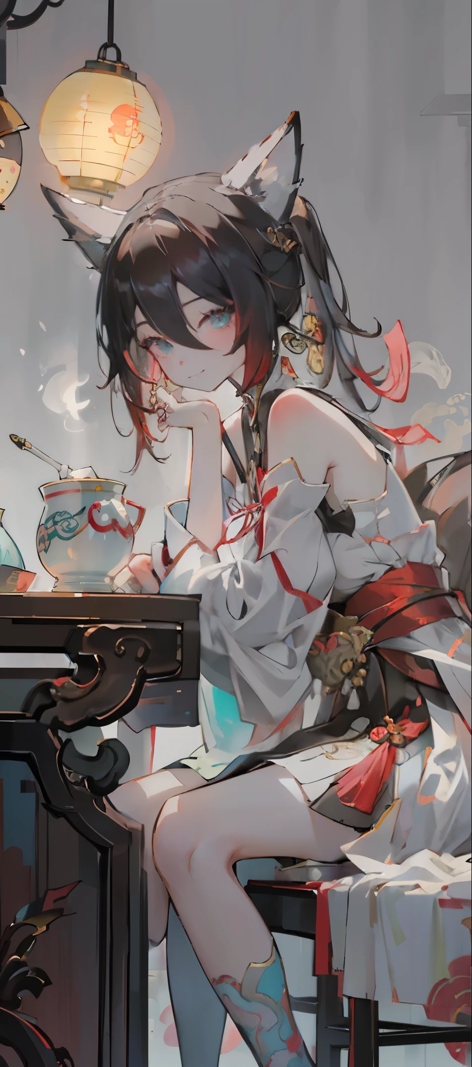 masterpiece, 1girl, tingyun, creepy smile, close-up, (monochrome:0.8), dead eyes, holding up a bell, pattern background, dark cyan tint, character in lower half of image, golden spiral type composition, big chinese lantern on top, lots of shopping bags in background