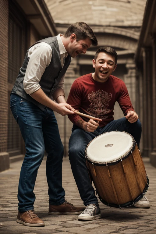 Dad and 20yo boy playing Drum stand, Laughing face, intricate, (masterpiece, Representative work, official art, Professional, unity 8k wallpaper:1.3)