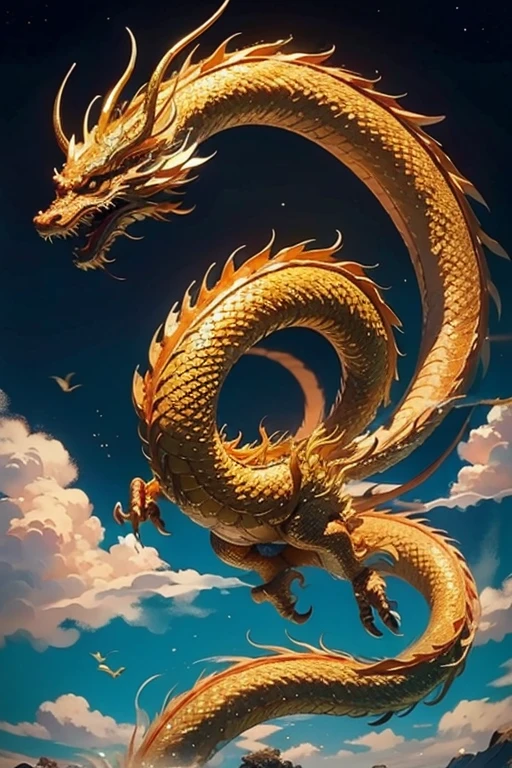 A Chinese golden dragon is flying in the sky in the distance,full body,(Best Quality,4K,8K,hight resolution,masutepiece:1.2,Realistic,Use natural light and color),Ultra-realistic capture, Highly detailed, The texture of the scales should be natural, beautiful and magnificent composition,clear sky,Chinese dragons are sacred and majestic,