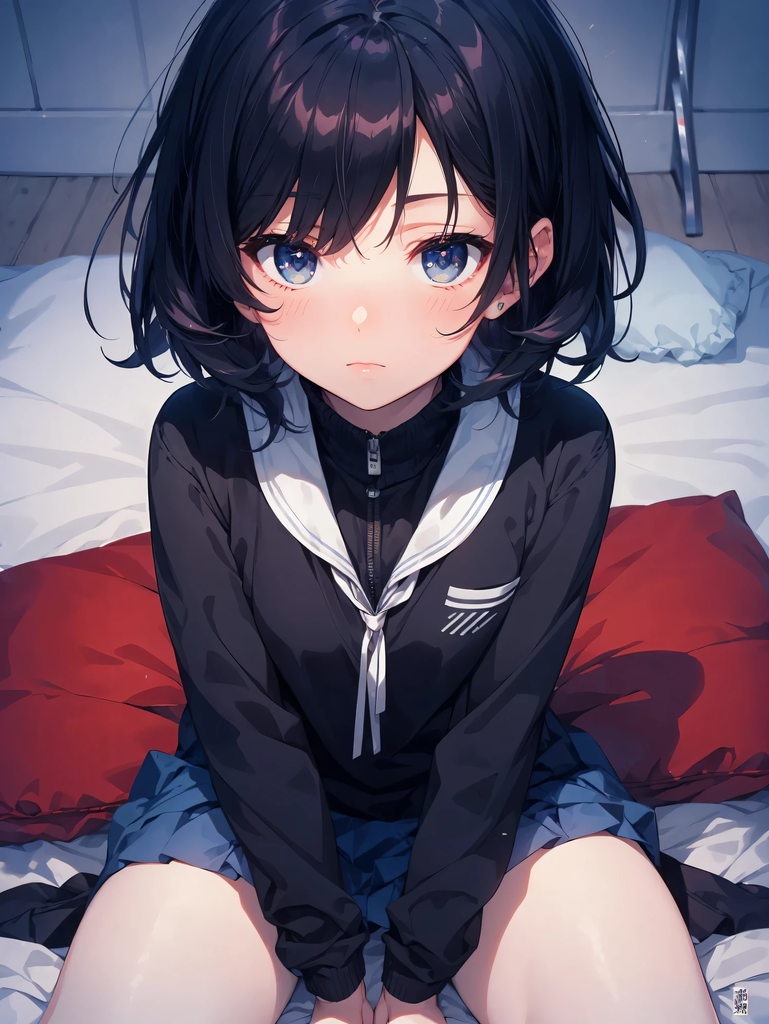 Super high quality by the art god, Ultra-detailed, High resolution, Gwise Style, anime moe art style, best anime 8K konachan wallpaper, Pixiv Contest Winner, Perfect Anatomy,BREAK,(sitting on a bedいる女の子の絵を描いてください ),BREAK, a hyperrealistic schoolgirl, (Solo,Lori,child,13years:1.3),Full limbs, complete fingers,a junior high school student, Androgynous attraction, (Very short hair), hair messy, flat chest, Small butt, groin, Small eyes,Beautiful detailed black eyes, Well-proportioned iris and pupils, High resolution detailed hair, School uniform, Skirt, sitting on a bed, BREAK,Ultra-detailed細なスキン, Best lighting by famous artists, 8K, Cute illustration.