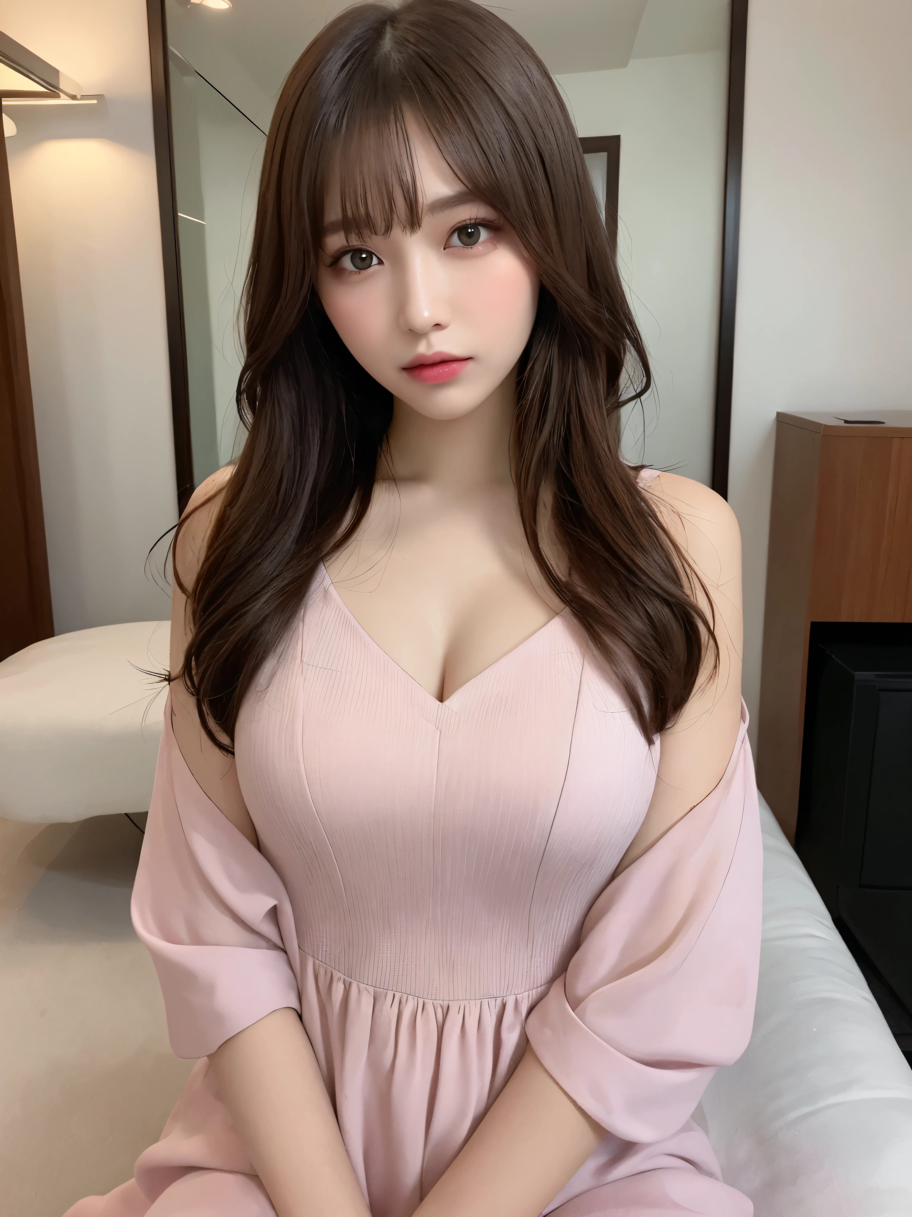 ((NSFW))、(masterpiece:1.5)、(8K)、(Photorealsitic:1.5)、Raw photography、(Top image quality:1.4)、(foco nítido:1.5)、 top-quality、masterpiece、超A high resolution、Photograph the whole body、Perfect dynamic composition、 20 years old、slender、In the living room、prety woman:1.4、serious facial expression、 wearing a long pink dress、 light brown hair、Hairstyle is straight long、Glowing hair、 Super Detail Face、A detailed eye、二重まぶた、 Natural Color Lip、Transparent skin、