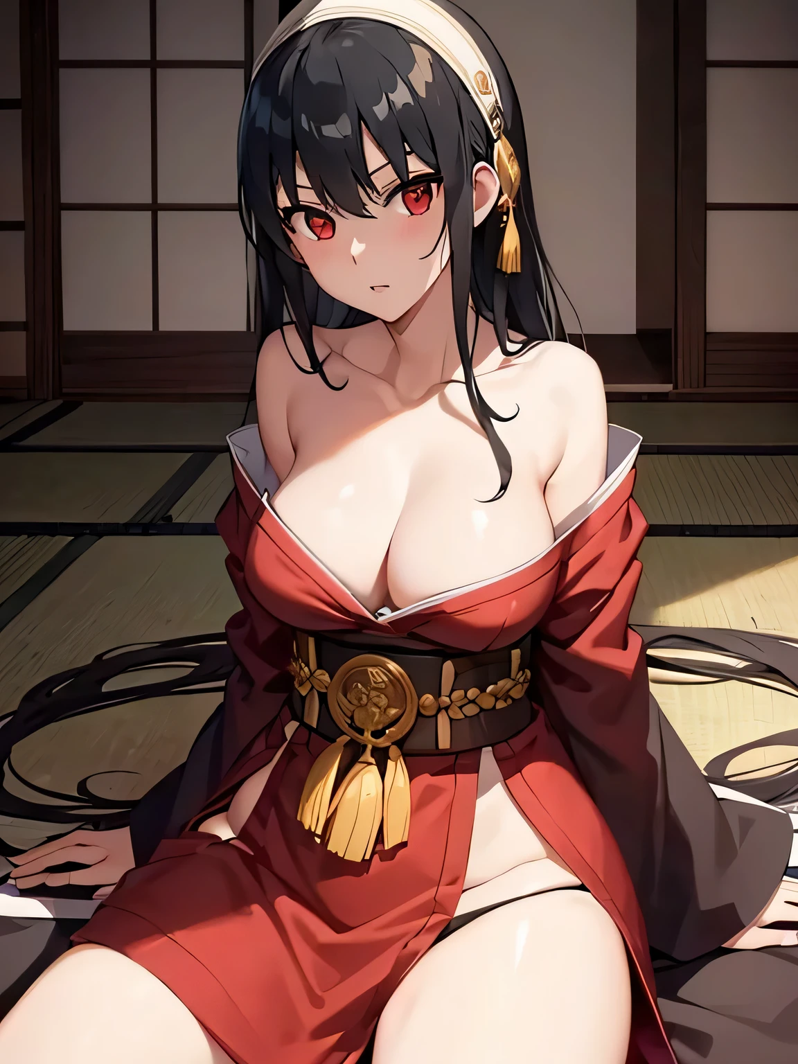 Open your crotch、Bare crotch、Background Shrine、komono、ornate、girl with、Exposed cleavage、A dark-haired、White headband、Long sideburns、Tie back hair、Red Eyes、no panty、sitting down on the floor、Lustrous skin
