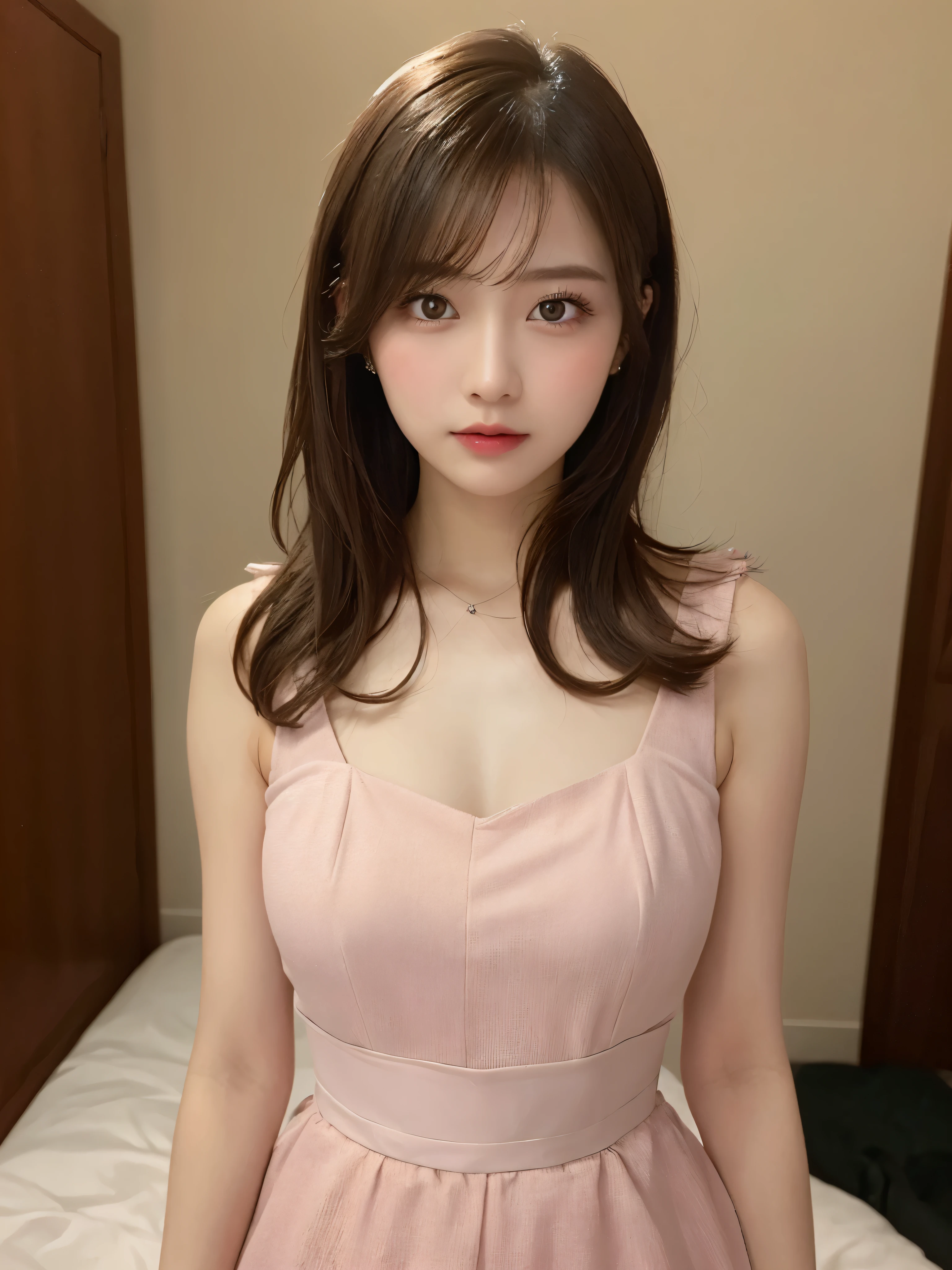 ((NSFW))、(masterpiece:1.5)、(8K)、(Photorealsitic:1.5)、Raw photography、(Top image quality:1.4)、(foco nítido:1.5)、 top-quality、masterpiece、超A high resolution、Photograph the whole body、Perfect dynamic composition、 20 years old、slender、In the living room、prety woman:1.4、serious facial expression、 wearing a long pink dress、 light brown hair、Hairstyle is straight long、Glowing hair、 Super Detail Face、A detailed eye、二重まぶた、 Natural Color Lip、Transparent skin、