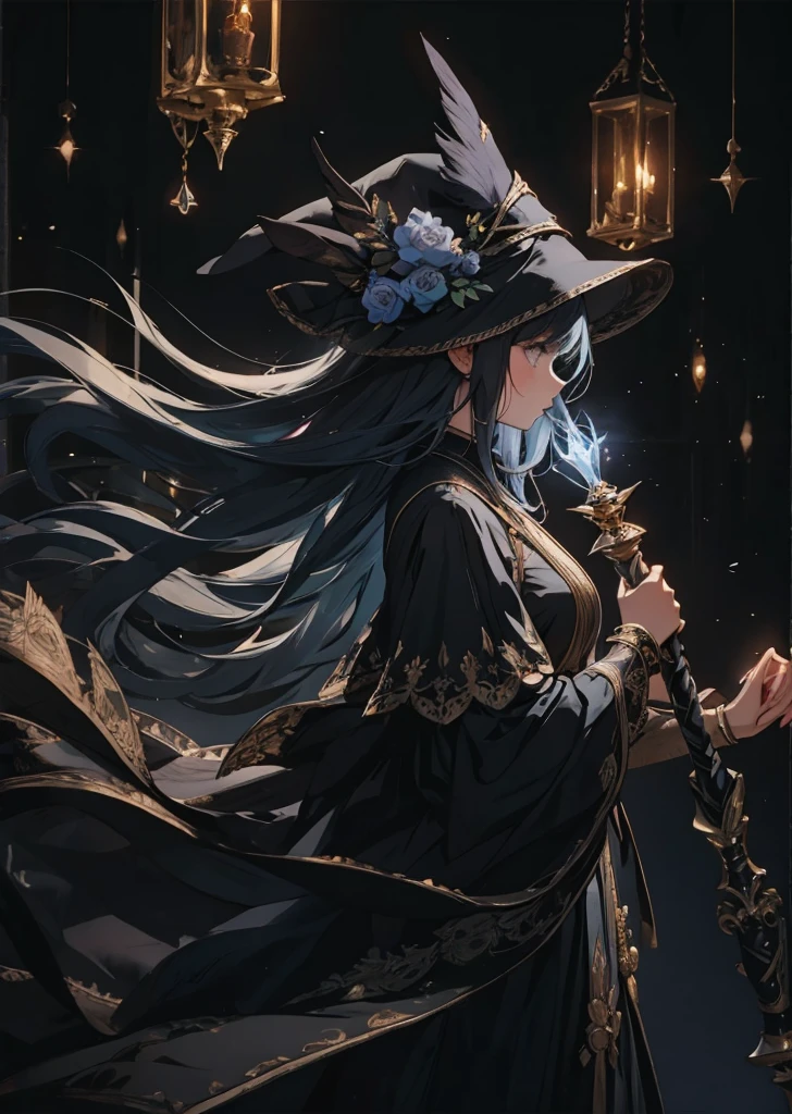 Wizard woman using "night" powers, dark tone background, profile, soft smile, floating hair, large staff, slightly vintage style, graphic design, low saturation, cinematic lighting, total darkness, pitch dark,