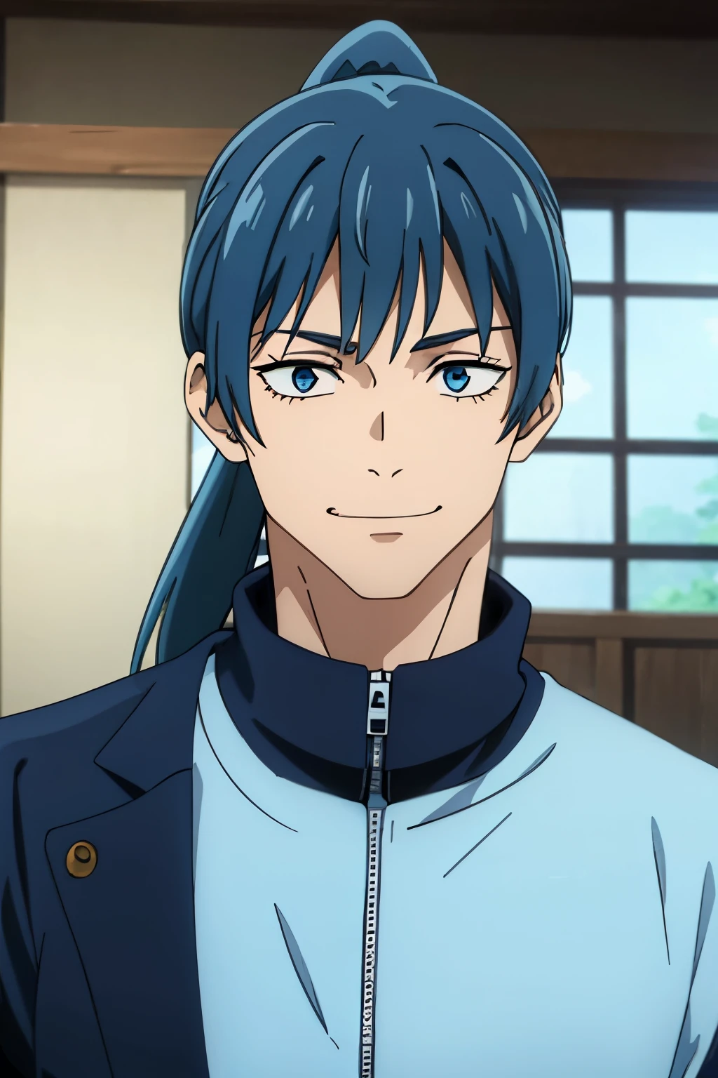 1male, solo, long ponytail, messy bangs, blue hair, blue eyes, smiley, jacket,