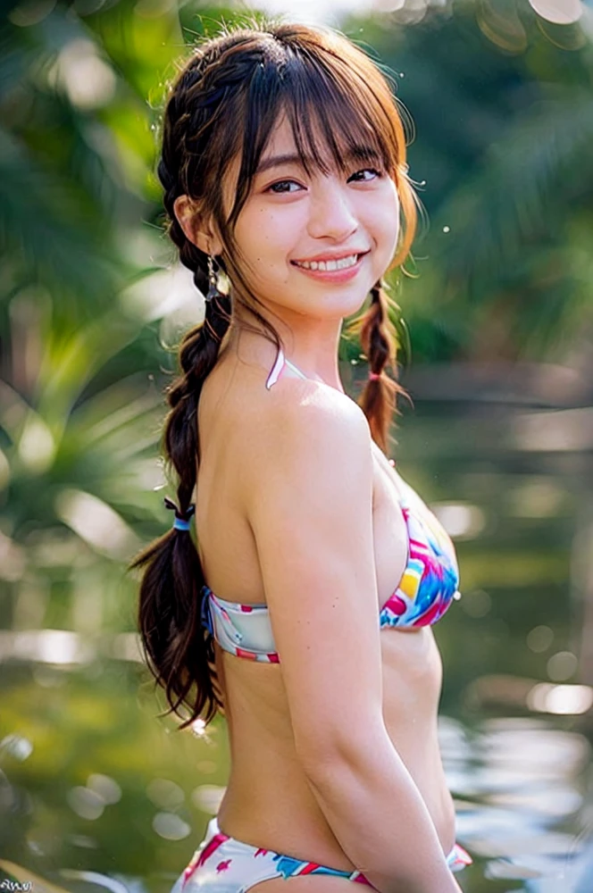 highest quality　((Real beautiful girl))　17 Talented Girl　(Cute face)　Big Eyes　Brown Hair　Gal　(Japanese)　Swimwear　Back view　Beautiful Skin　Beautiful thighs　smile　low length　high school student