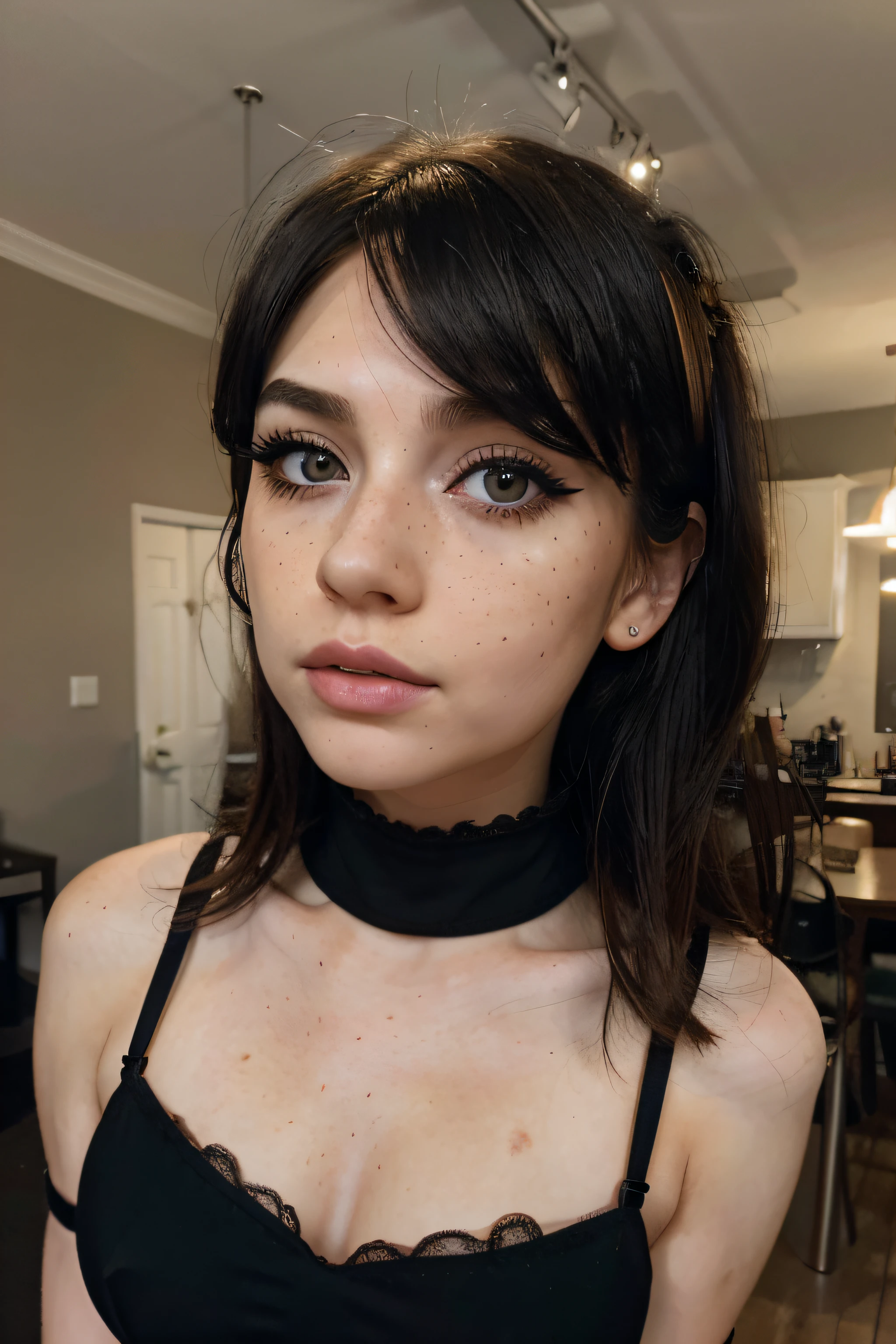 18 year old girl, petite woman, petite, mascara, big eye lashes, black thick eyelashes, brown eyes, visible makeup, heavy makeup, black eye shade, red cheeks, red cheeks, soft eyes, freckled, with freckles, freckled face, freckle, freckles, hyperrealistic teen, small freckles, light cute freckles, light freckles, hint of freckles, cute freckles, smooth face, soft face, perfect face, pink cheeks, visible makeup, heavy makeup, black eye shade, red cheeks, brown eyes, soft eyes, pretty small tits, quite small breasts, hot girl with black hair, long messy hair. Seductive expression, high quality, pink lightning, hands holding hair, shot from below, camera way under woman, dominant pose. shot from under, shot from below, camera below woman, HDR, photoreal, black hair, black wig, black/blonde wig, black/blonde hair. Standing near dining table, black bra, black panties, black lingerie, black pantyhose stockings, emo girl, goth girl, looking goth, lots of straps, black corset/shirt, looking real sexy