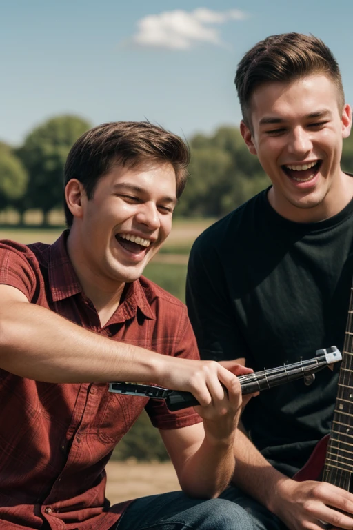Dad and 20yo son playing band, Laughing face, intricate, (masterpiece, Representative work, official art, Professional, unity 8k wallpaper:1.3)