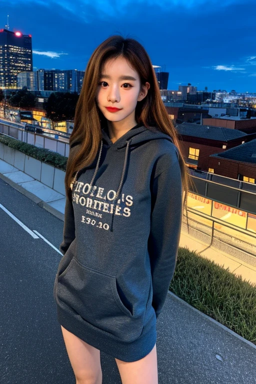 Uji Film XT3, 8K,close up photograph, tmasterpiece, Best quality, (((1 girl))), Alone,actual, ((looking at viewert)), Photo-realistic txt extremely detailed face), looking at viewert, ((ultra - detailed的眼睛和瞳孔)), ultra - detailed, serious expressions, ((Stand on the city streets at night)), hoody, longer sleeves, (place one's arms behind one's back),