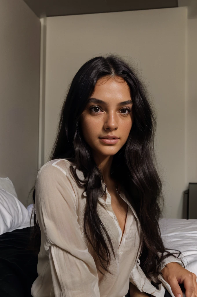 (best quality,4k,8k,highres,masterpiece:1.2),ultra-detailed,(realistic,photorealistic,photo-realistic:1.37),1 girl,long wavy hair,dark brown eyes,black hair,in bed,bedroom
