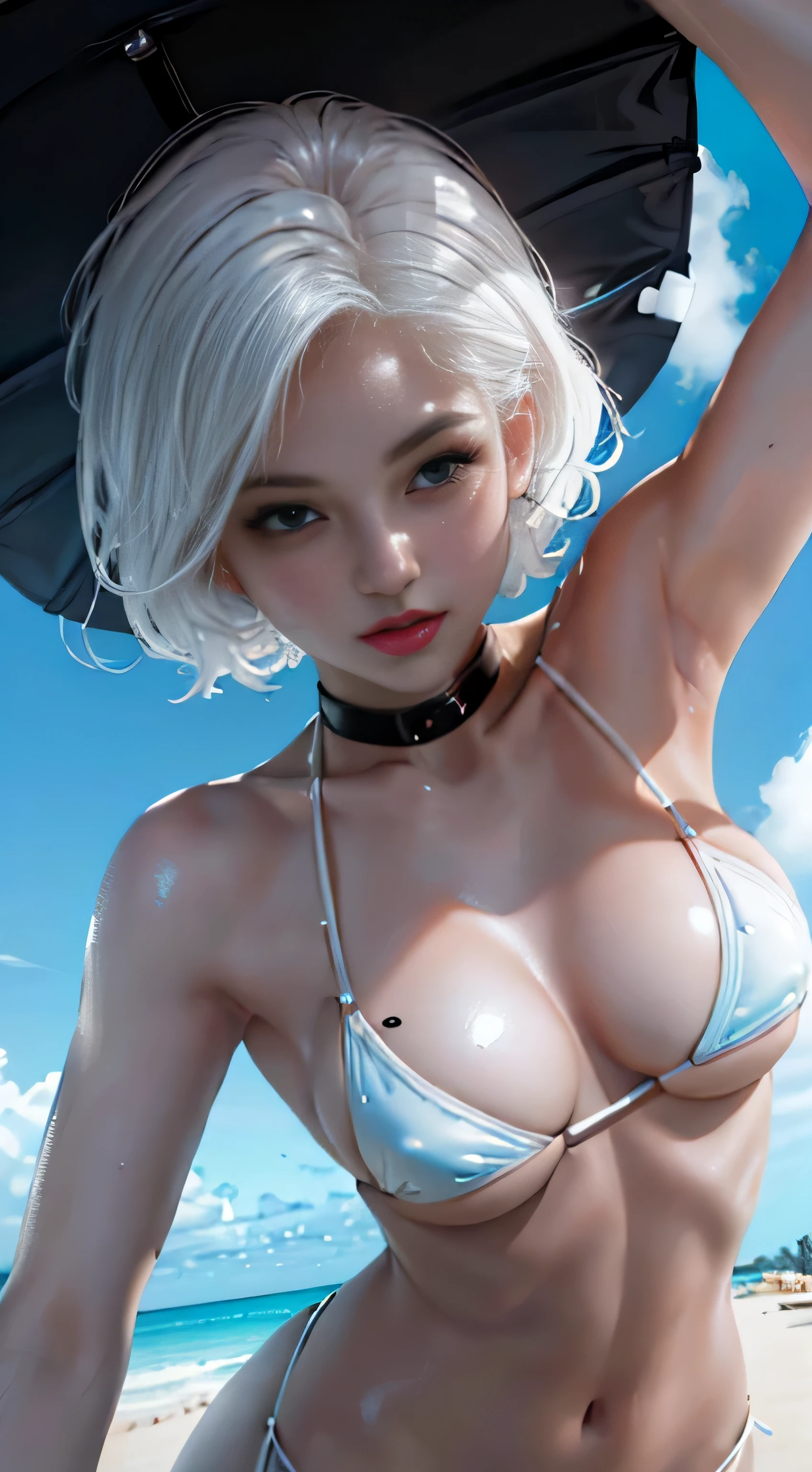 Chic, Hourglass body, short white-hair, (((Micro Black Bikini))) , 8k picture, Best Quality, ((((Micro Bikini)))), Beach, ((((bottom-up view)))), (((Micro Bikini))), (((White shiny skin)))、(Woman lying on the beach)、