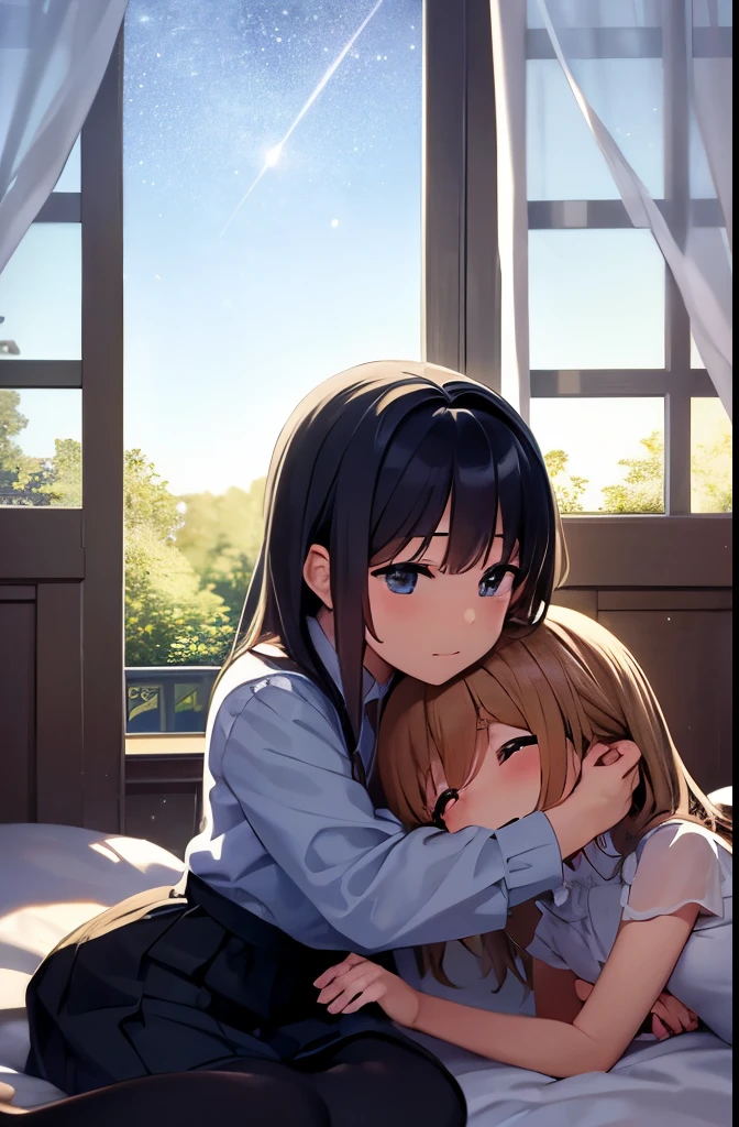 two sweet angels in a room, room, soft light, you see through the window the starry sky, hill with tree in background