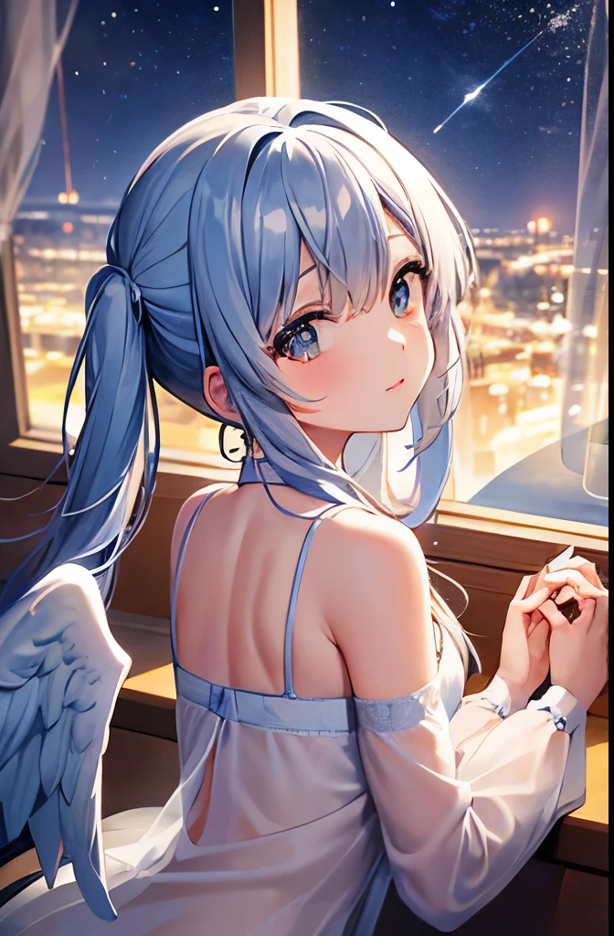 two sweet angels in a room, room, soft light, you see through the window the starry sky, night city lights in background