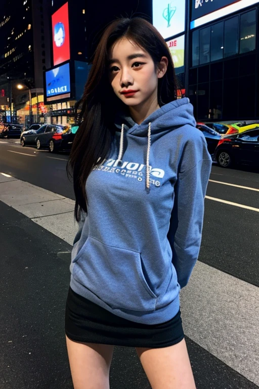 Uji Film XT3, 8K,close up photograph, tmasterpiece, Best quality at best, (((1 girl))), Alone,actual, ((looking at viewert)), Photo-realistic txt extremely detailed faces), looking at viewert, ((ultra - detailed的眼睛和瞳孔)), ultra - detailed, serious expressions, ((Stand on the city streets at night)), hoody, longer sleeves, (place one's arms behind one's back),
