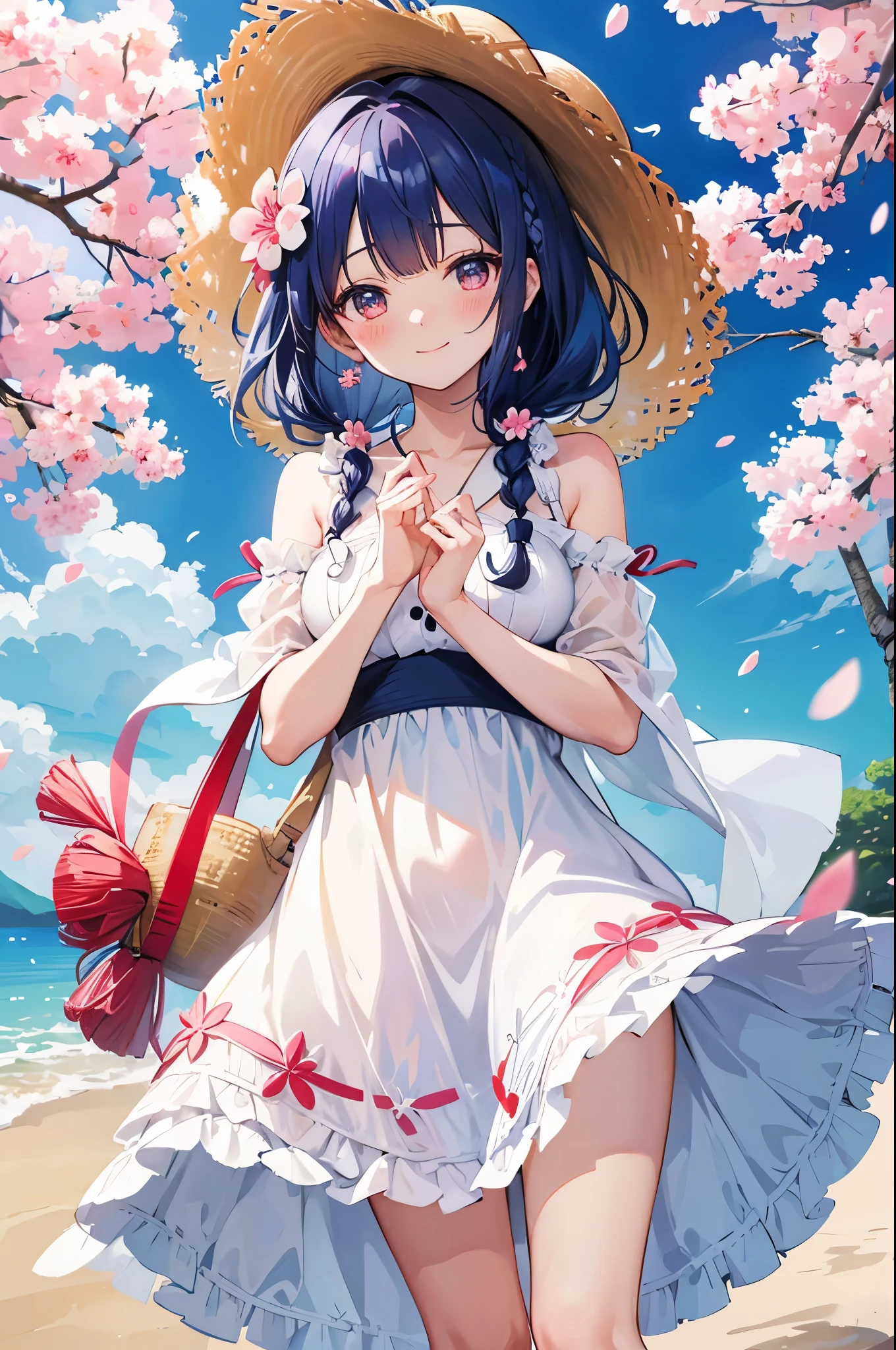 white one piece dress, straw hat, cherry blossoms, sakura trees, looking at viewer, dark blue hair, ahoge, crown braid, hair flower, smile, blush, UHD, 4K