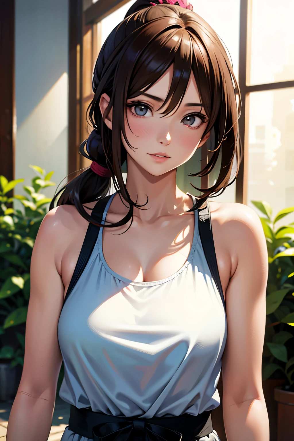 masutepiece, Best Quality, 超A high resolution, (Photorealistic:1.4), Detailed beautiful face, detailed  clothes, Stunning European women, Wearing a tank top, Super Cute, nice perfect face with soft skin perfect face, Gorgeous long ponytail brown hair, 8K resolution,Ultra-realistic,Ultra-detailed,hightquality,  wide vision