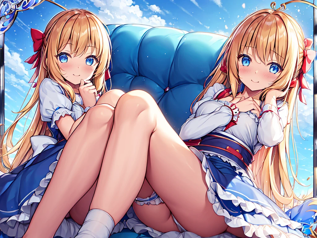 1girl in, (No Panties),(OPEN twat), length hair, blue eyess, blonde hair, diadems, sitting on, I don't wear any underwear、A pose where you can be seen from below、Spreading legs with both hands、Open twat, doress, the bow, The card, pinafore, shairband, Playing Cards, looking at the viewers, shortsleeves, the bow hair, Blue shairband, a smile, red blush, hand on own face, Blue doress, alice(alice in Wonderland), hair between eye, a chair, Black Panties hose, Blue the bow, a throne, puffy sleeves, Put your hand on your cheek, bangss, apron dress, shortsleeves, bow ribbon、Very length hair、mini crown、foot out of frame、frilld、White pinafore、:q、masterpiece、top-quality、((lifted skirt、twat、camel's toe)))、Not Safe for Work、anus,