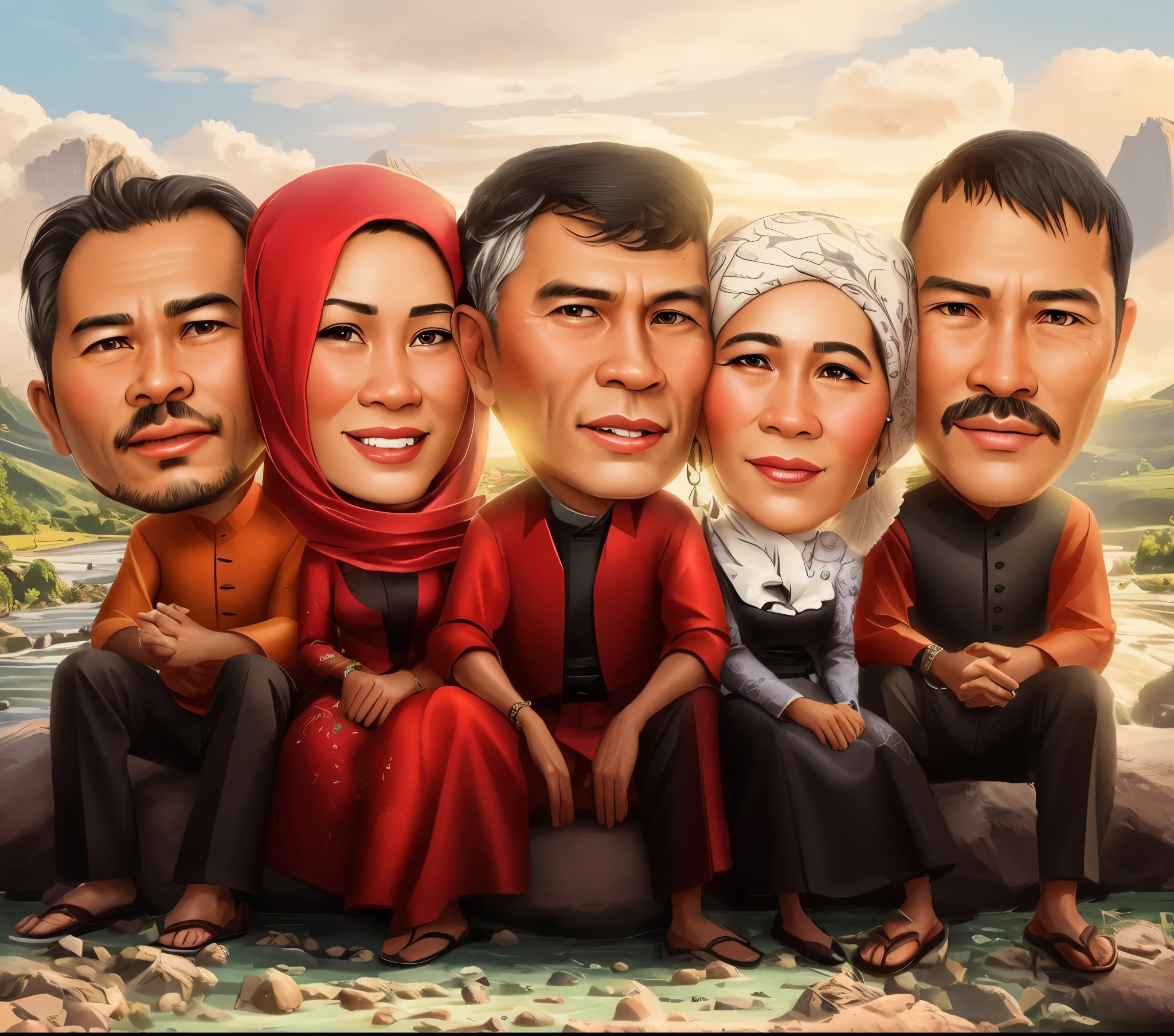 cartoon of a group of people sitting on a rock with a river in the background, caricature illustration, potrait, an indonesian family portrait, in cartoon style, caricature, cartoon digital art, family, caricature style, barong family, digital art cartoon, cartoon artstyle, cartoon art, classic portrait, family portrait, happy family, by Abidin Dino, cartoon portrait
