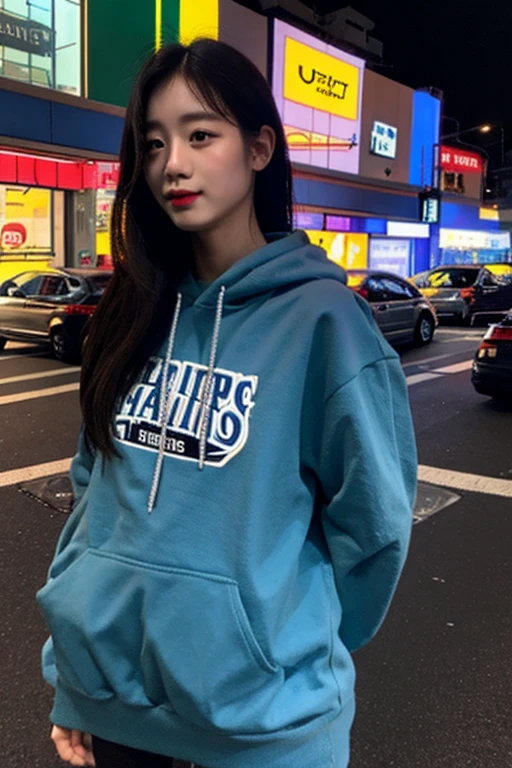 Uji Film XT3, 8K,close up photograph, tmasterpiece, Best quality, (((1 girl))), Alone,actual, ((looking at viewert)), Photo-realistic txt extremely detailed faces), looking at viewert, ((ultra - detailed的眼睛和瞳孔)), ultra - detailed, serious expressions, ((Stand on the city streets at night)), hoody, longer sleeves, (place one's arms behind one's back),