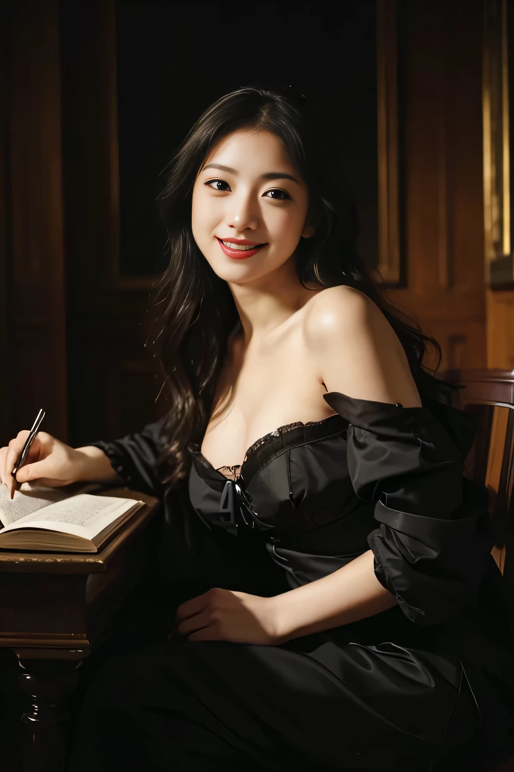 Woman reading,antique,A smile,,Sweet and seductive appearance.、Caravaggio's paintings、Chiaroscuro of Caravaggio,,Cute smile, Expression of ecstasy,erotick,A sexy,Seduce you,cross one's legs,