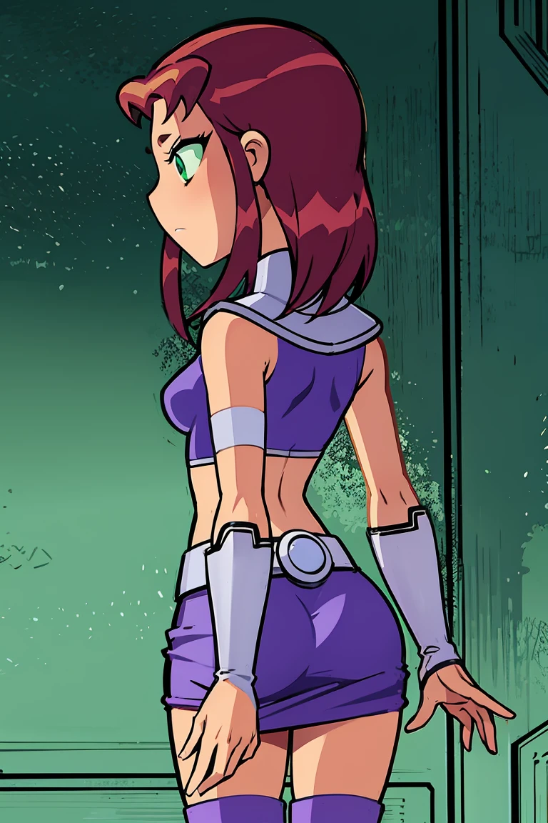 Skin tight skirt,small breasts, from behind, facing away,1girl, Masterpiece,starfire (teen titans), midriff,butt crack,