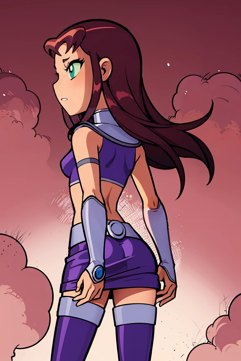 Skin tight skirt,small breasts, from behind, facing away,1girl, Masterpiece,starfire (teen titans), midriff,butt crack,