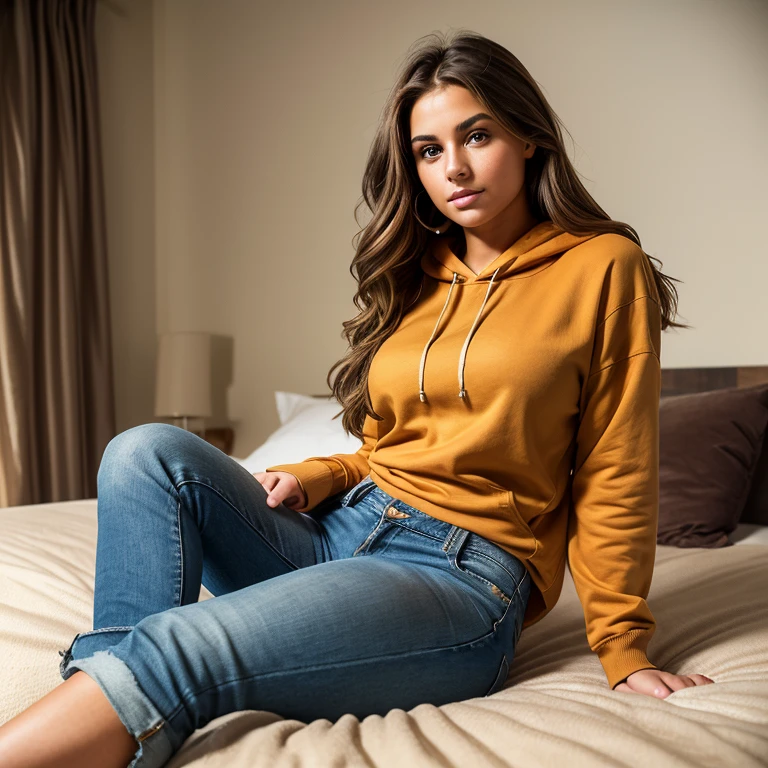realistic photograph, portrait, 20 year old woman, Expressive hazel eyes, Slightly wavy medium length light brown hair, Olive skin with a golden undertone, Somewhat athletic build, curvaceous, orange hoodie, jeans, sitting on edge of bed, inviting look