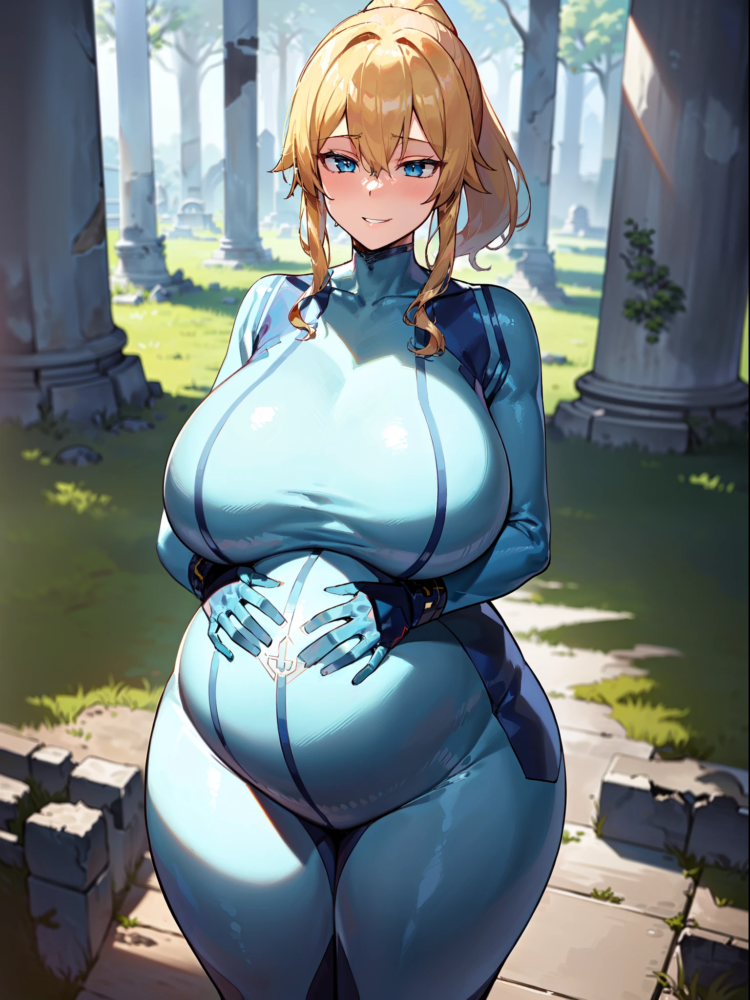 masterpiece, best quality, extremely detailed, 1girl, mature female, solo, jeanrnd, (gigantic breasts:1.3), (((blonde hair, ahoge, long hair, ponytail, blue eyes, pregnant))), parted lips, (((zero suit, blue gloves))), ((yandere trance, evil smile), closed mouth), ((hands on own hips, ancient ruins, forest))