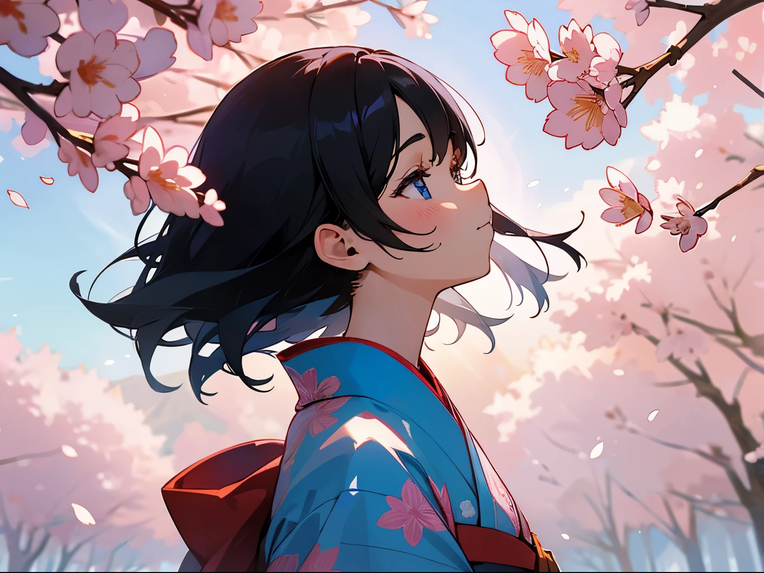 Fantastic mountain, sunrise and cherry blossom background、Kimono full of floral patterns、Girl with blue inner color, black hair, and light blue eyes。profile looking up。The sunlight filtering through the trees hits my face。Up to face。art noveau、