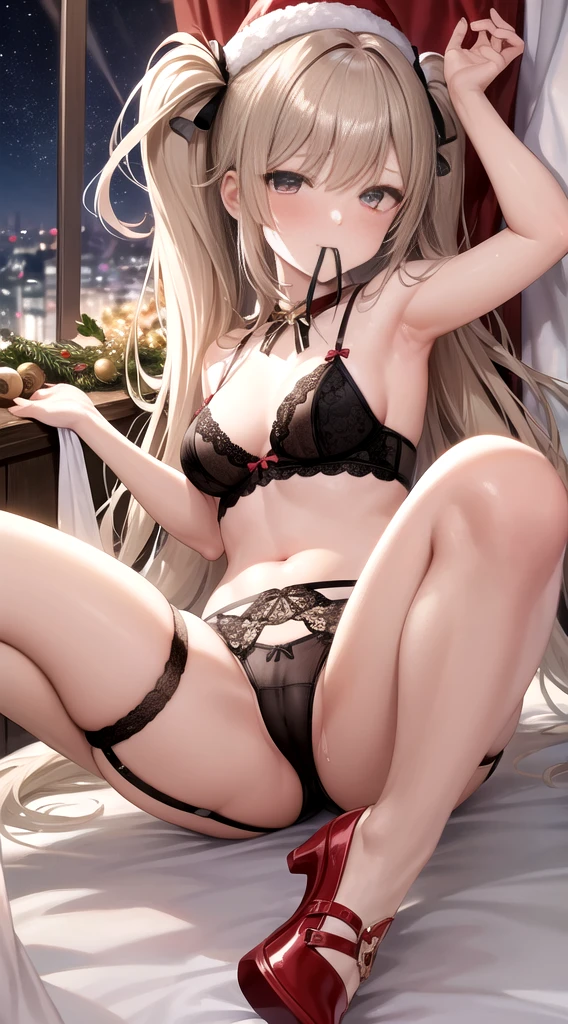 (masterpiece:1.2), (best quality, 8k-resolution, ultra-detailed), absurdres,Glittering,in luxury room,Gorgeous canopy bed,one cute girl,light gray twin tail, close eyes,mouth is open as if to scream,blushing,sweaty,big boobs,flat on back,Hold up knees with both hands, spread legs apart,red high heels,garter belt,white and black vertical stripes lingerie,luxury lingerie,christmas,night,gold Furnishings