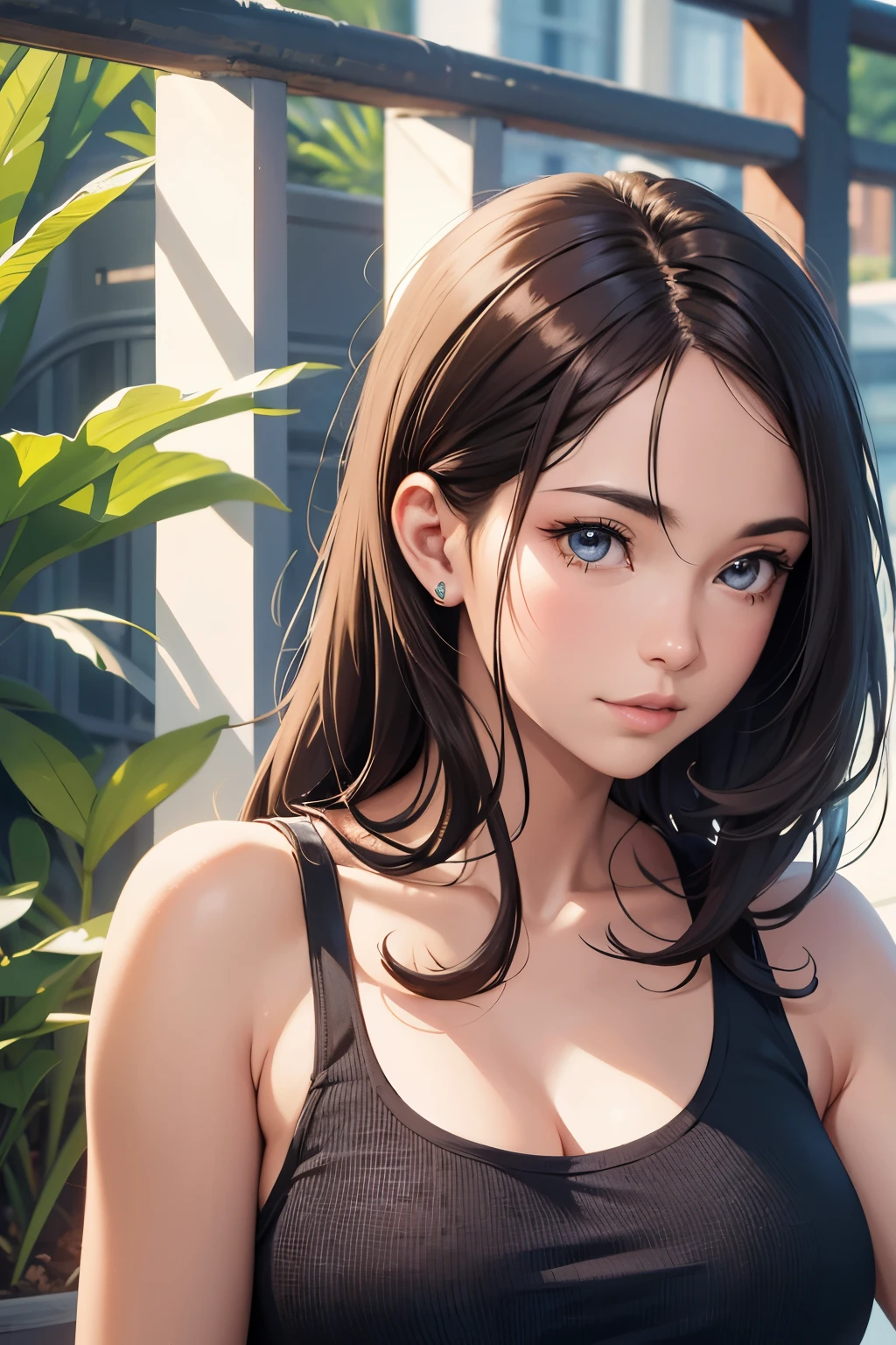 masutepiece, Best Quality, 超A high resolution, (Photorealistic:1.4), Detailed beautiful face, detailed  clothes, Stunning European women, Wearing a tank top, Super Cute, nice perfect face with soft skin perfect face, Gorgeous long ponytail brown hair, 8K resolution,Ultra-realistic,Ultra-detailed,hightquality,  wide vision