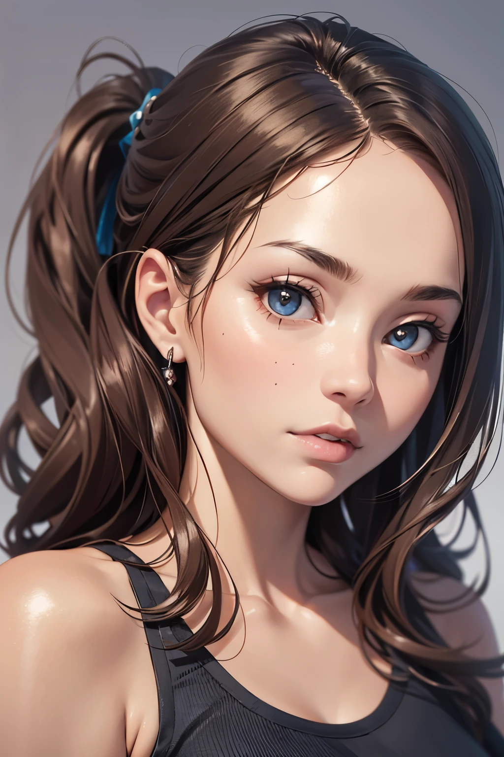 masutepiece, Best Quality, 超A high resolution, (Photorealistic:1.4), Detailed beautiful face, detailed clothes, Stunning European women, Wearing a tank top, Super Cute, nice perfect face with soft skin perfect face, Gorgeous long ponytail brown hair, 8K resolution,Ultra-realistic,Ultra-detailed,hightquality, wide vision
