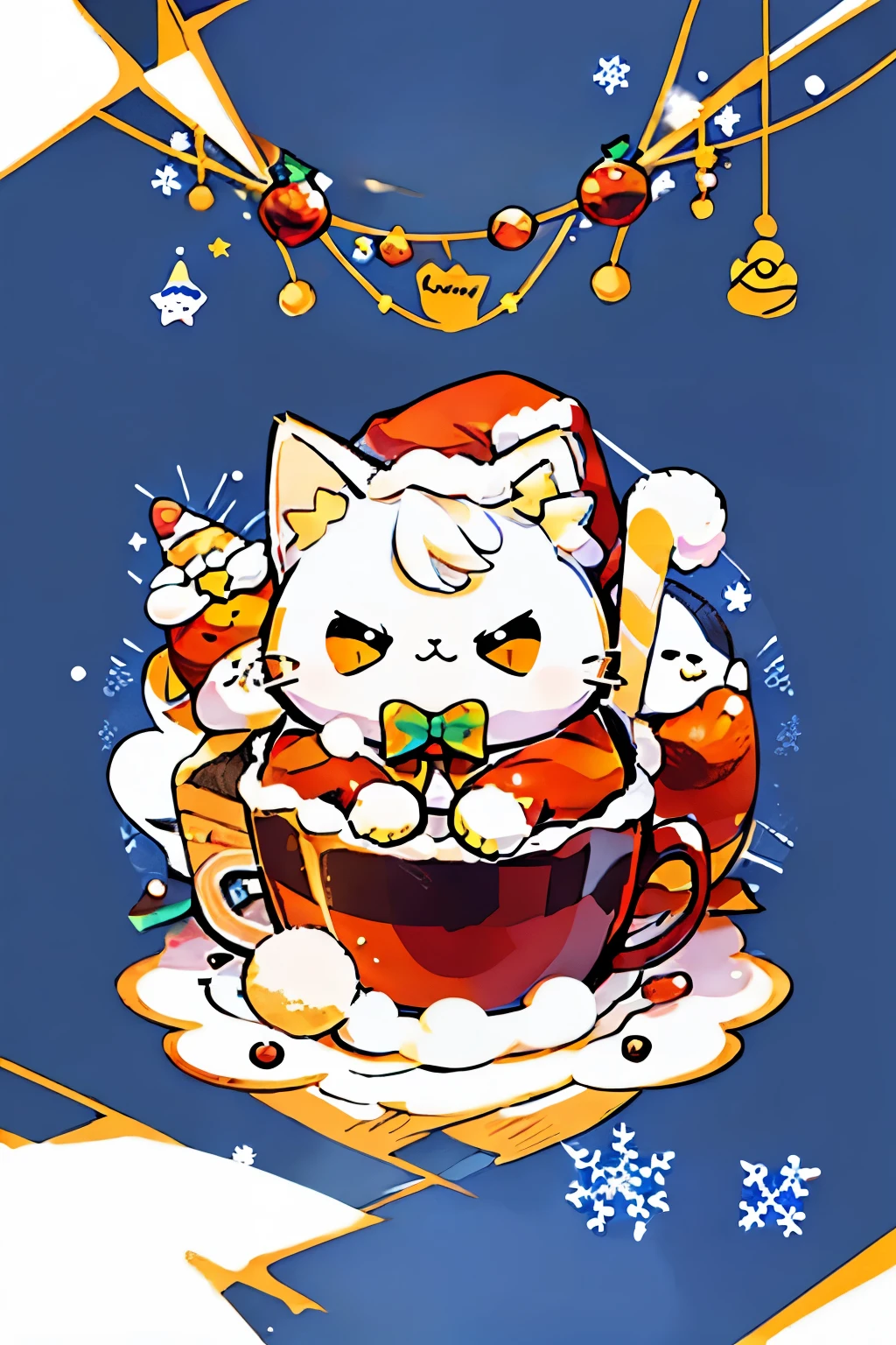 cute00d, Looking at Viewer, Background, food, fruit, Cat, Dark blue Background, a cake,background pop、bright colour, food focus, Cat、yellow eyes、sweets、Christmas、cat wearing santa hat、yuki、Bright background、white cat