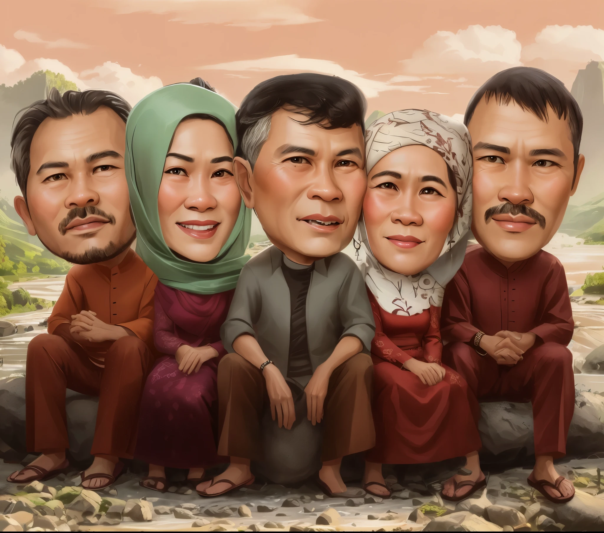 cartoon of a group of people sitting on a rock with a river in the background, caricature illustration, potrait, an indonesian family portrait, in cartoon style, caricature, cartoon digital art, family, caricature style, barong family, digital art cartoon, cartoon artstyle, cartoon art, classic portrait, family portrait, happy family, by Abidin Dino, cartoon portrait