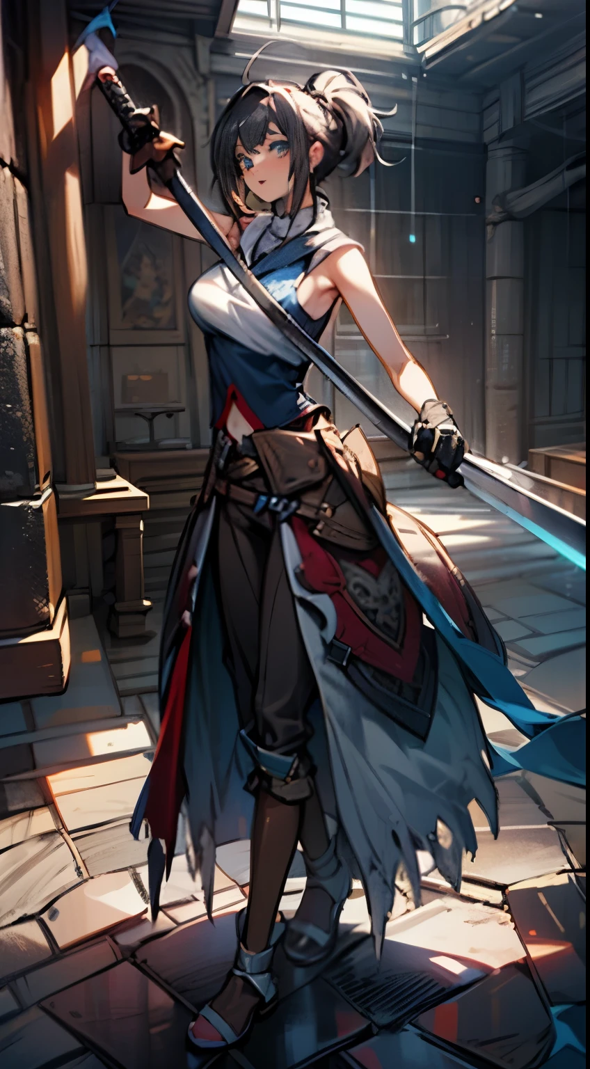 A beautiful female swordsman standing in the old dungeon, fullbody, solo, Female, tall, beautiful, black hair, ponytail, long bangs, insanley detailed face and eyes, blue eyes, glasses, Perfect lips, light smile, big breast, (sleeveless, bare shoulder, leather vest, long leather robe, leather pants, boots, gloves ), hand up, hand holding katana, looking to viewer, masterpiece, Aesthetic, dramatic, cinematic lighting, fine expression, fine detail, dark vibes,
