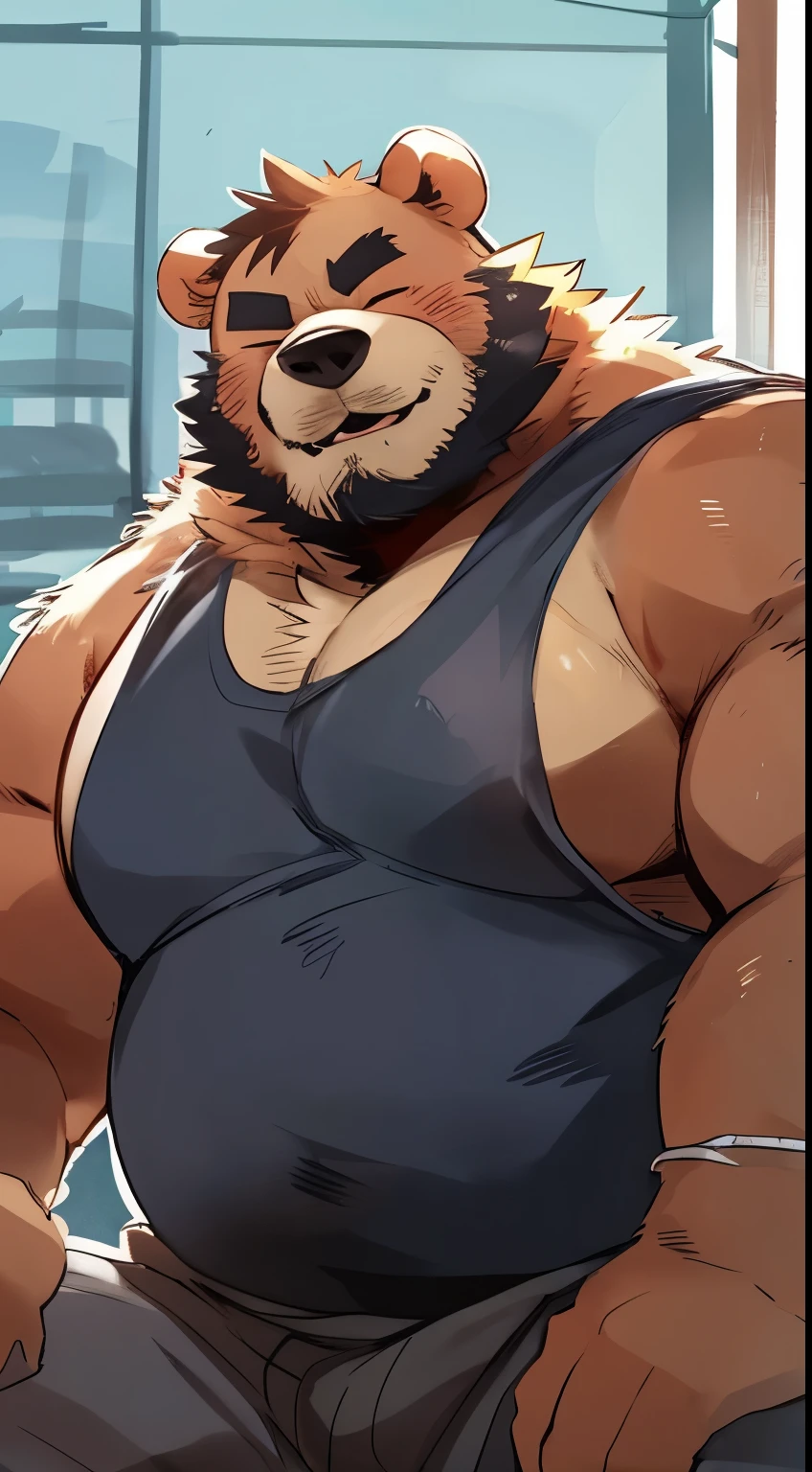 Chubby, furry,male , anthro bear, very plump, middle aged  , mouth covered mustache,Thick beard, seductive  , detailed , half body , tight tank top, extremely hot and sexy, eye closed, by hyaku ,by darkgem, by glitter trap boy