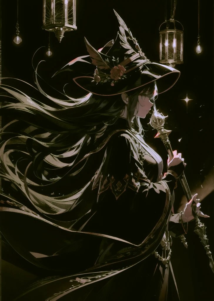 Wizard woman using "night" powers, dark tone background, profile, soft smile, floating hair, large staff, slightly vintage style, graphic design, low saturation, cinematic lighting, total darkness, pitch dark,