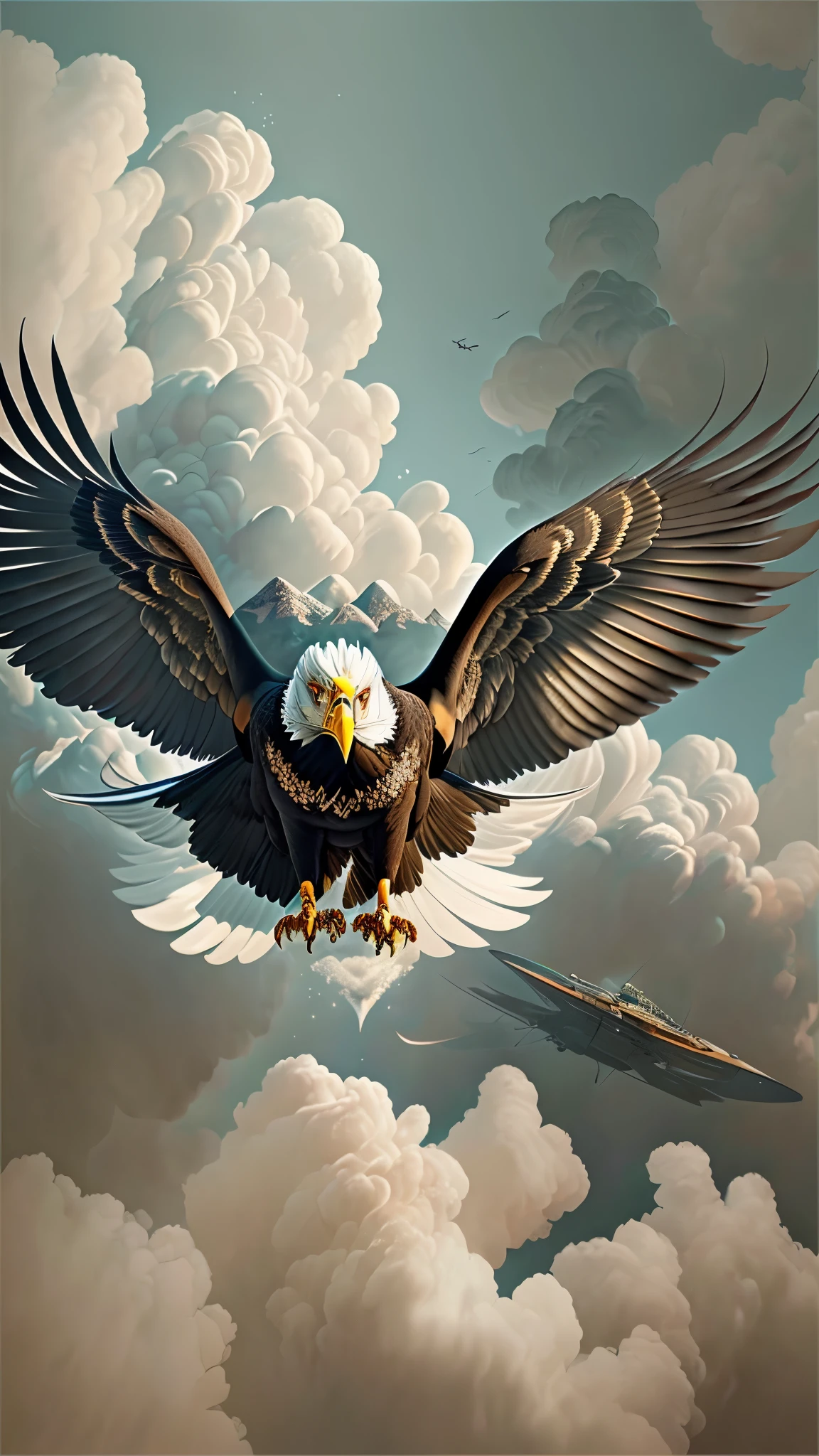 eagle flying fighter a Unmanned aerial vehicle flying through a cloud, in the style of photorealistic still life, movie poster, large-scale canvas impact, explosive and chaotic, war scenes, selective focus, Detail Shot --auto --s2