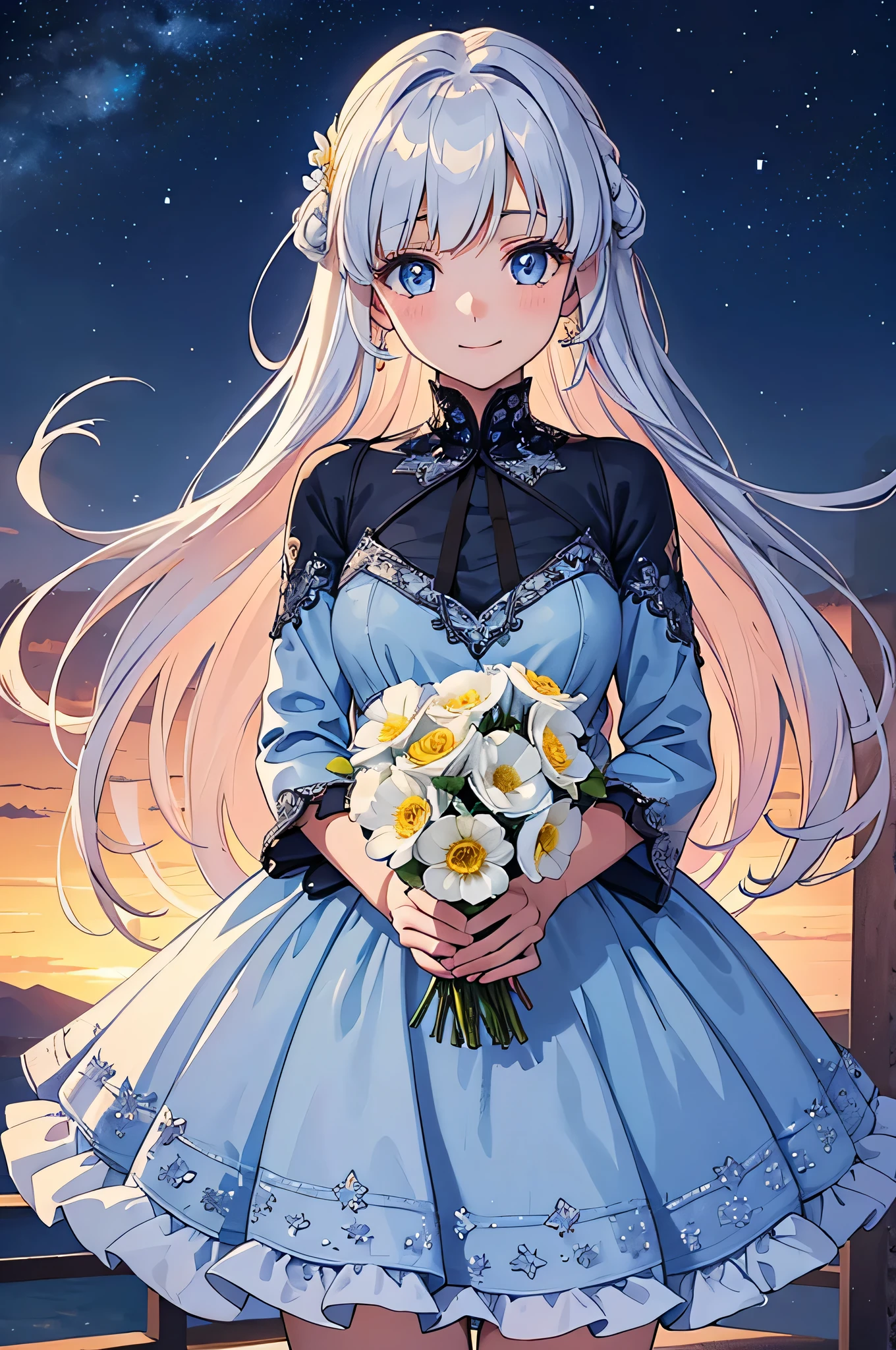 Angel, Beautiful eyes, Cowboy Shot, Night sky landscape, emotional, fuffy dress, Diagonal, cute and gentle smile, A beautiful girl holding a bouquet of flowers so beautiful you can&#39;t even see her hands, Beautiful eyes, Colorful, (Delicate) Details, Convoluted, Convolutedな構成: 1.5) (Very detailed)) Convolutedな構成: 1.5)