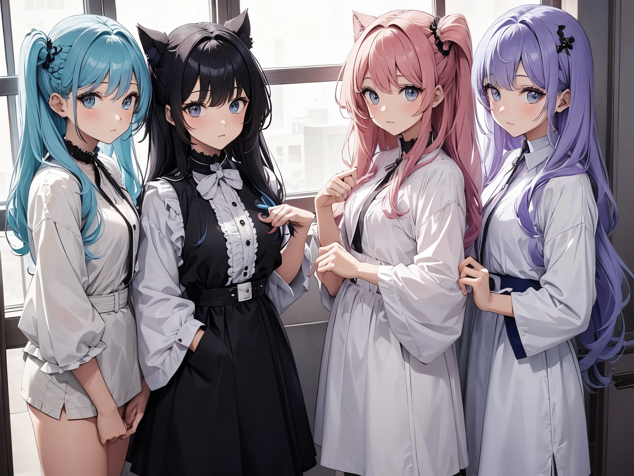 twins sister, hairstyles different, hair colors different, iris colors different, outfits different,