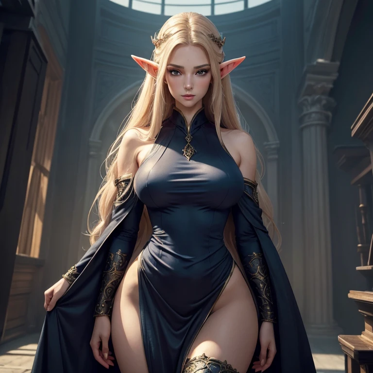 ((Best quality, 8k, Masterpiece :1.3)), dramatic lighting, pretty woman, 1girl, huge breasts :1.3, headmasters robes, (slender figure :1.1), lustful, ultra-detailed face, detailed lips, detailed eyes, double eyelid, elf, goddess elf, beautiful extremely detailed fantasy magic academy background, headmaster, teacher, milf, wide hips, hips wider than shoulders, fully clothed, in heat, crazy elven features, extremely long stacked ears