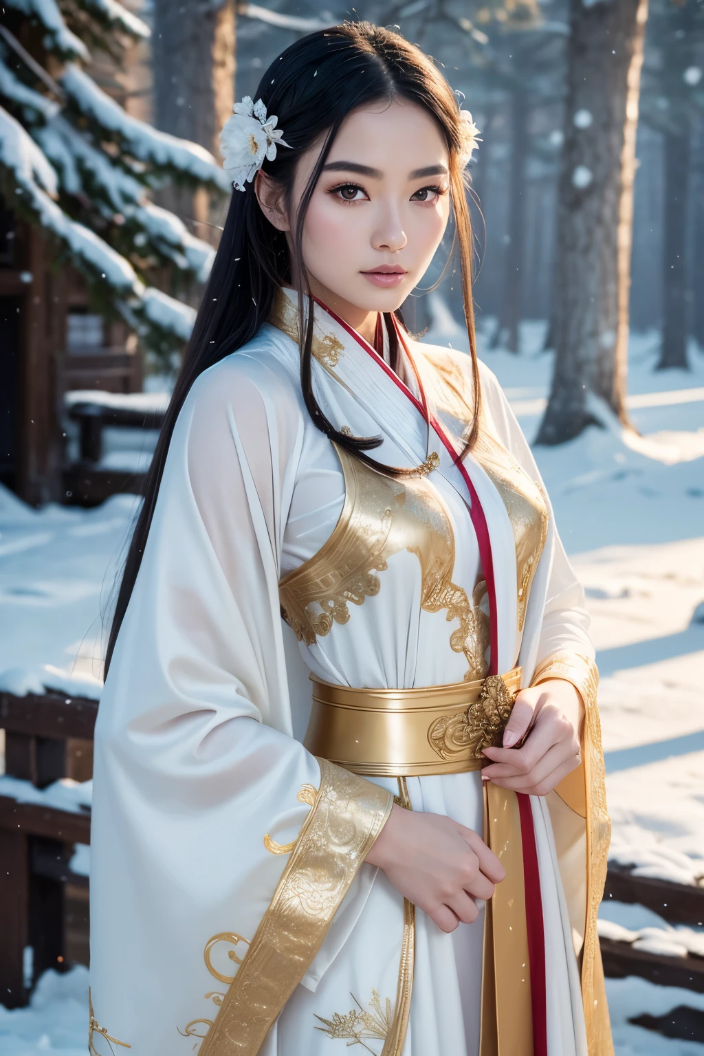 1 gorgeous woman, age 23, dark hair floating in the wind,  she's a playmate, men magazine model, flirts with camera, in a white and gold dress and fur stole, full body xianxia, white hanfu, hanfu, flowing hair and long robes, a beautiful fantasy empress, wearing ancient chinese clothes, with acient chinese clothes, flowing magical robe, high quality costume, inspired by Huang Ji, palace ， a girl in hanfu, wearing a luxurious silk cloak. In a snowy forest, starry night, norther lights, Perfect anatomy Perfect eyes, perfect hands, perfect body, perfect hair, perfect breast, accurate, side braid, UHD, retina, masterpiece, anatomically correct, textured skin, super detail, high details, high quality, award winning, best quality, highres, 16k, 8k