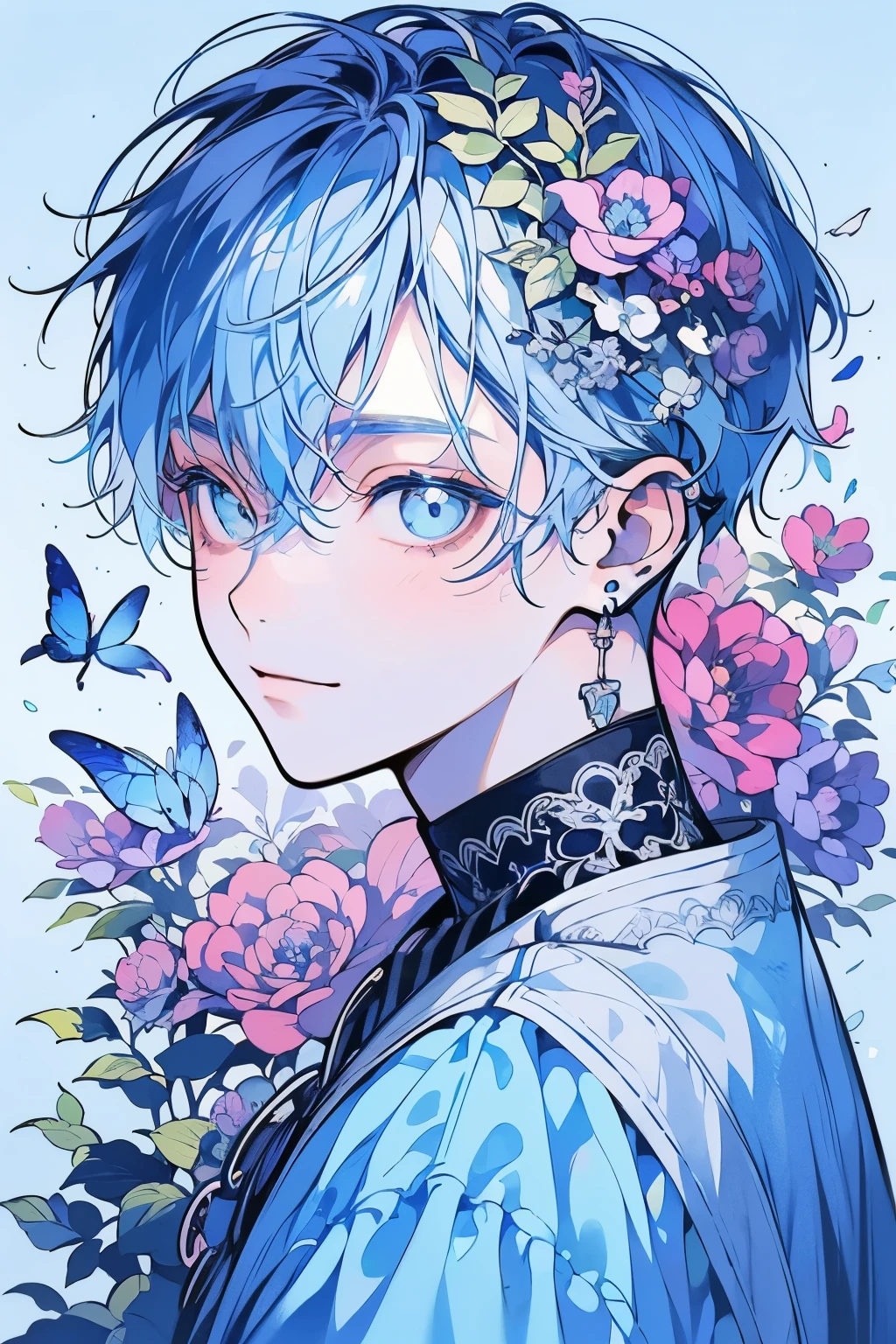 (masutepiece), (Best Quality), Highly detailed, 1 boy, Solo Focus，Perfect face, Beautiful face, extra detailed face，(Light blue hair:1.3)，(Light blue eyes:1.3)，florals，butterflys々，floralsびら，optic，kirakira，a smile