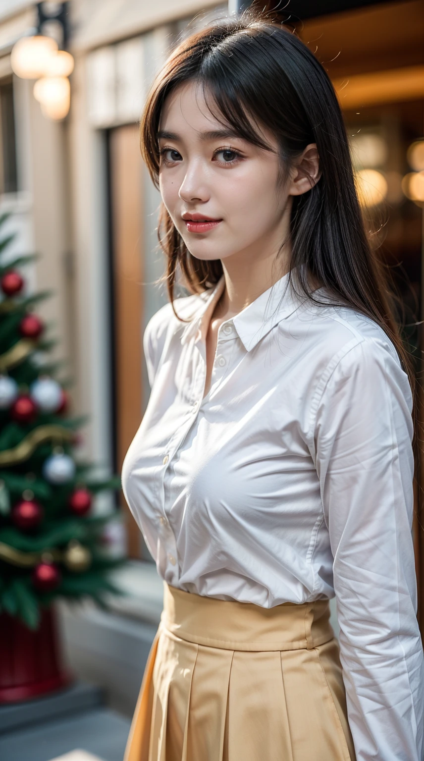 (1 cute girl with), extreamly cute, Charming face and beautiful and lovely smile), (extremely detailed beautiful face), Bright and shiny lips, (校服, pleatedskirt:1.3), (Best quality at best:1.4), (Super quality), (ultra - detailed), (hyper realisitc, 真实感:1.37), authentic skin texture, Complicated details, extremely detaild的 CG unified 8k wallpapers, RAW photogr, professional photoshooting, 电影灯光, The kinky is exposed, Christmas tree, christmas ornaments, Christmas decorations, Christmas lights, christmas lights,