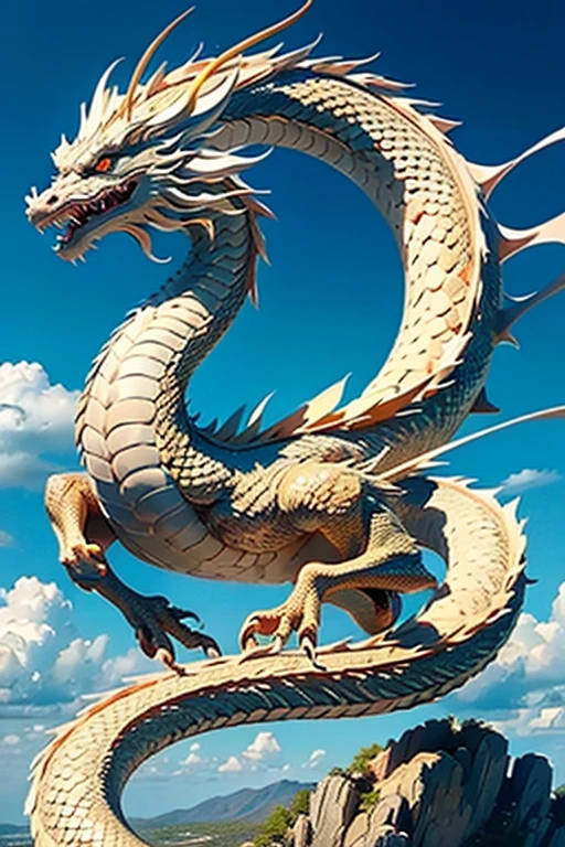 A white dragon is flying away in the distance,full body,(Best Quality,4K,8K,hight resolution,masutepiece:1.2,Realistic,Use natural light and color),Ultra-realistic capture, Highly detailed, The texture of the scales should be natural, beautiful and magnificent composition,clear sky,Chinese dragons are sacred and majestic,Dragons have long bodies like snakes.,dragons have four legs,Please take a picture of the whole dragon,