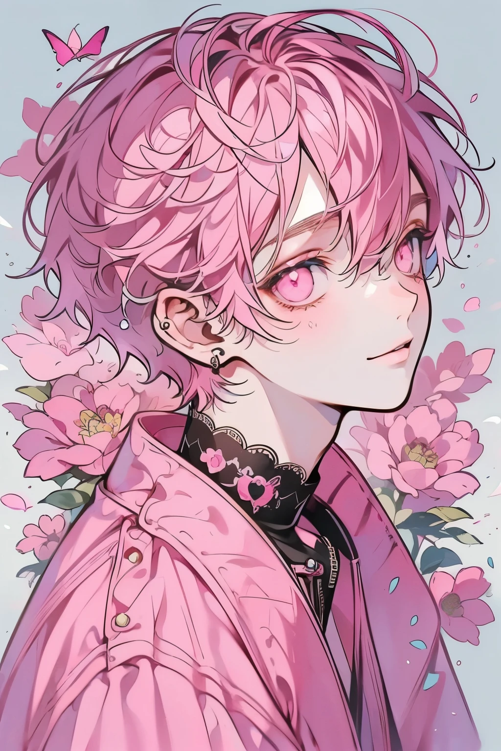 (masutepiece), (Best Quality), Highly detailed, 1 boy, Solo Focus，Perfect face, Beautiful face, extra detailed face，(A pink-haired:1.3)，(Pink eyes:1.3)，florals，butterflys々，floralsびら，optic，kirakira，a smile