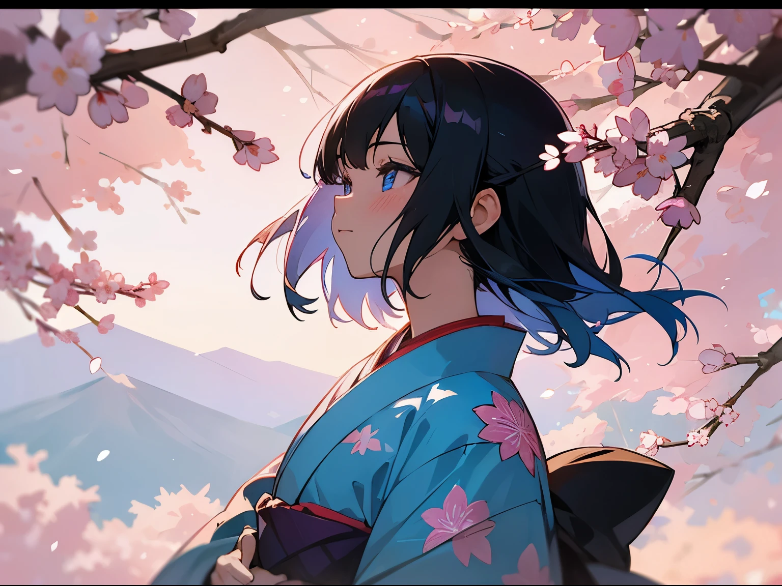 Fantastic mountain, sunrise and cherry blossom background、Kimono full of floral patterns、Girl with blue inner color, black hair, and light blue eyes。profile looking up。The sunlight filtering through the trees hits my face。Up to face。art noveau、
